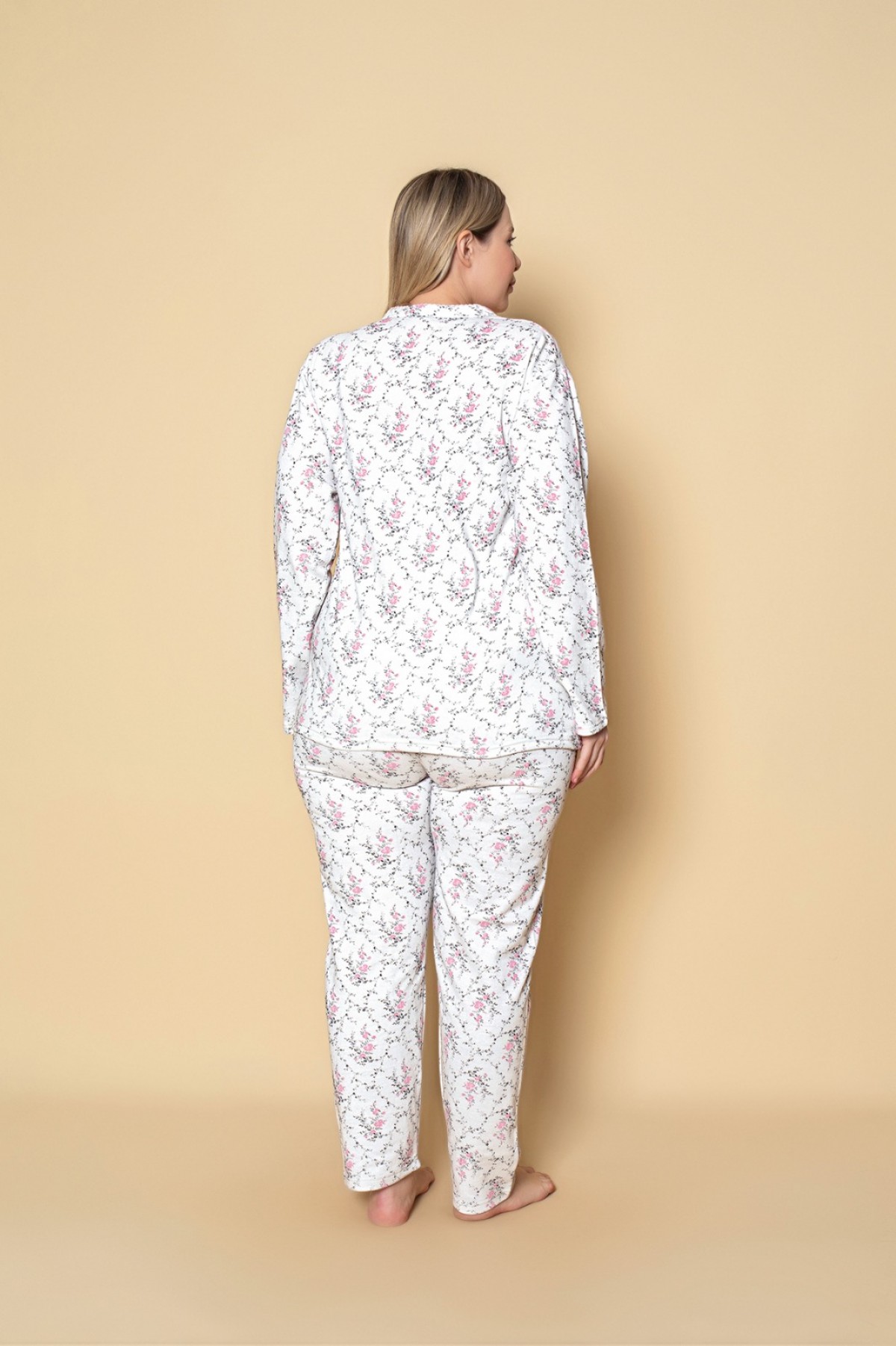 Kadın Önden Düğmeli Battal 2 İplik İçi Şardonlu Pijama Takımı PEMBE-ÇİÇEKLİ-3XL