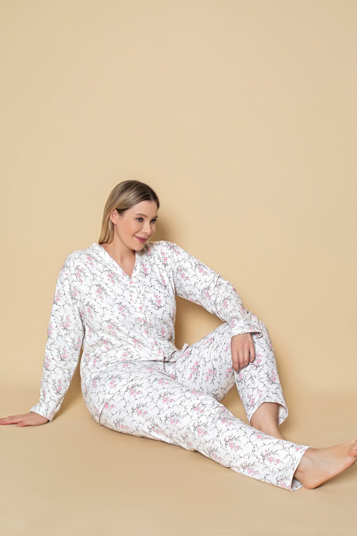 Kadın Önden Düğmeli Battal 2 İplik İçi Şardonlu Pijama Takımı PEMBE-ÇİÇEKLİ-3XL