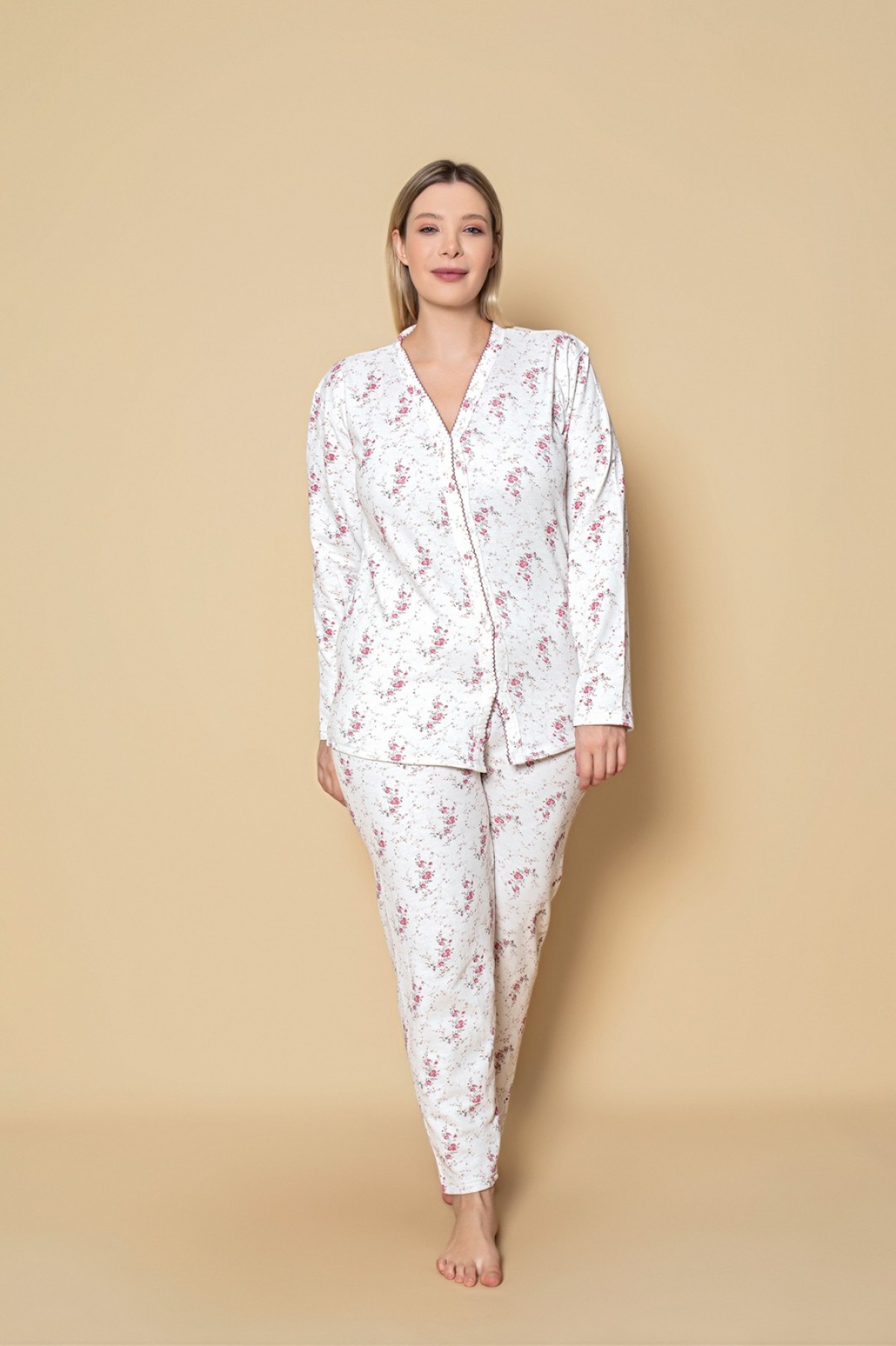Kadın Önden Düğmeli Battal 2 İplik İçi Şardonlu  Pijama Takımı