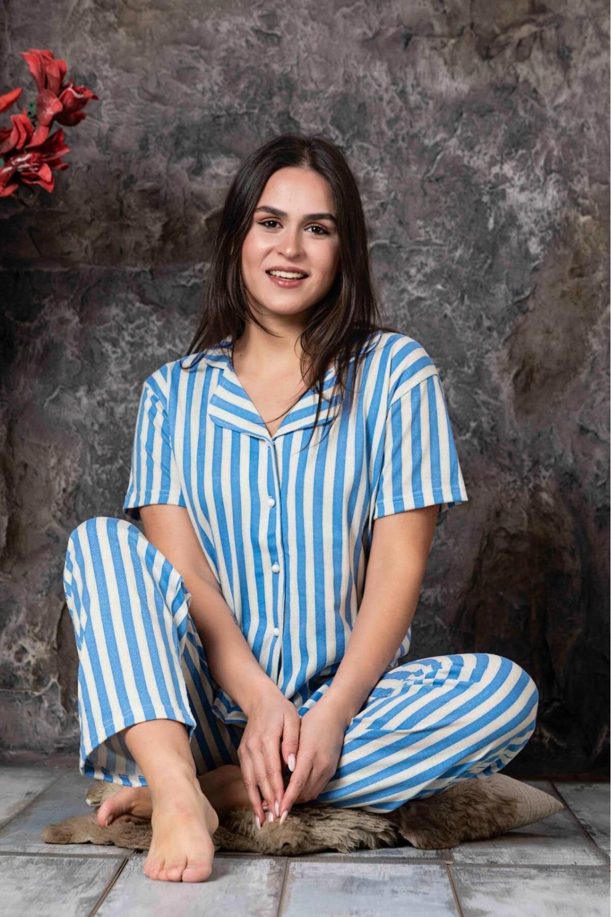 Kadın Önden Düğmeli Kollu Yazlık Gömlek Model Pijama Takımı Yeni Sezon