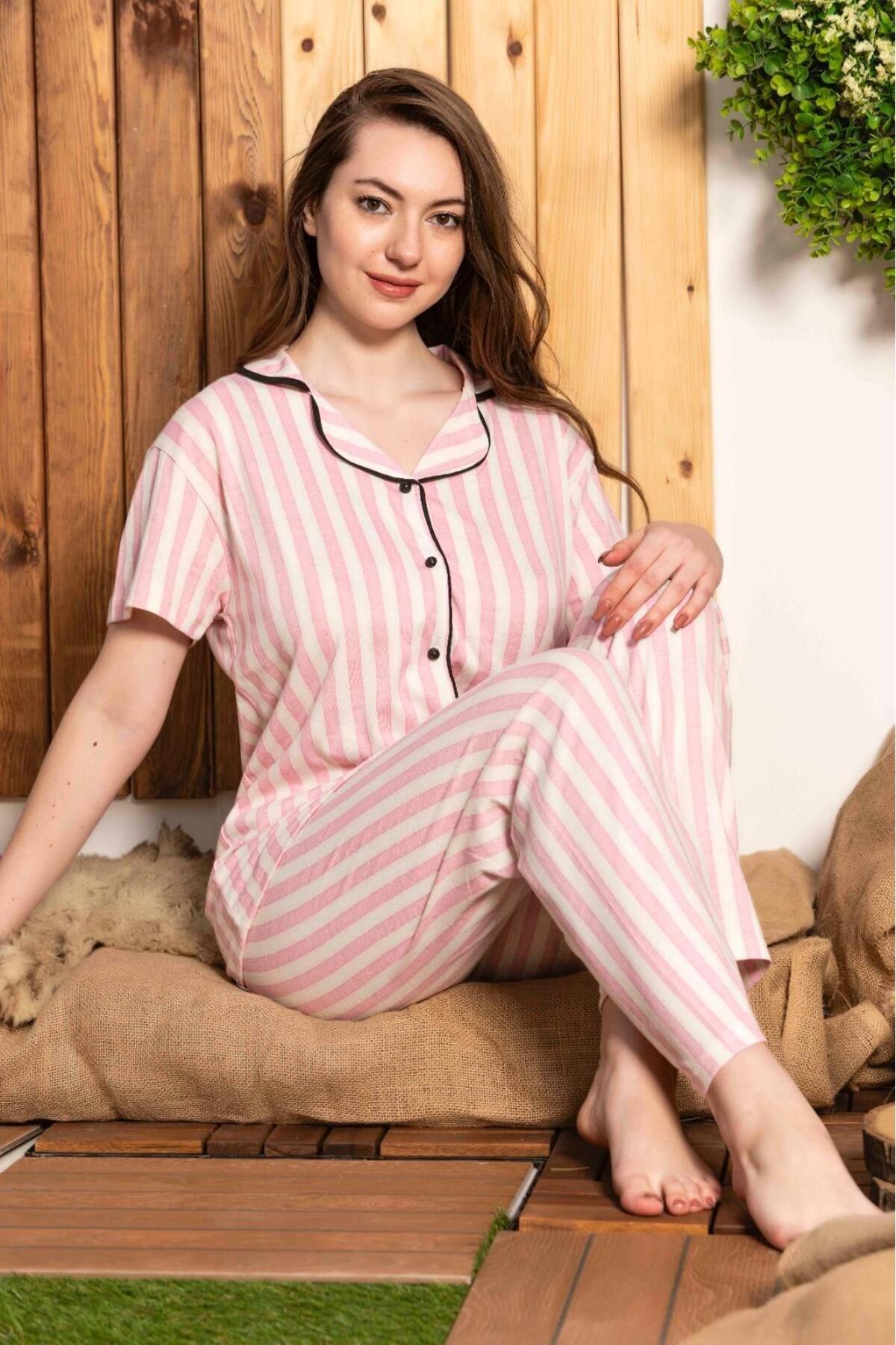 Kadın Önden Düğmeli Kollu Yazlık Gömlek Model Pijama Takımı Yeni Sezon