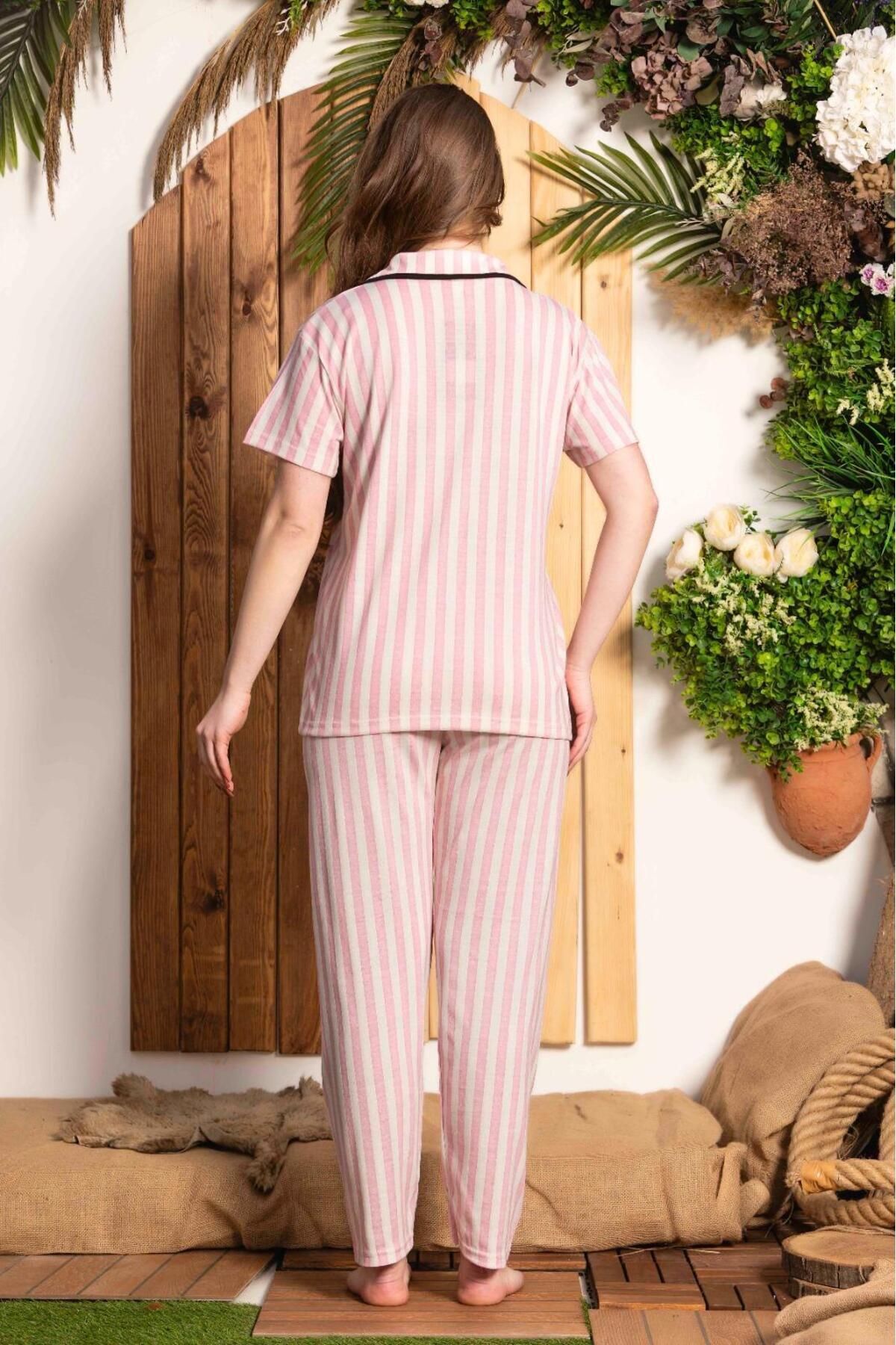 Kadın Önden Düğmeli Kollu Yazlık Gömlek Model Pijama Takımı Yeni Sezon
