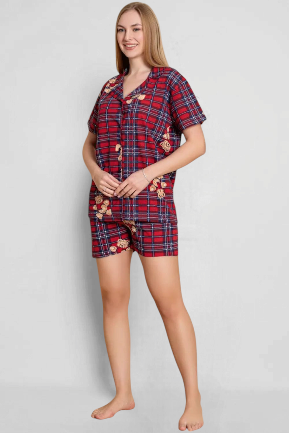 Kadın Önden Düğmeli Şortlu Yazlık Pijama Takımı BORDO-L