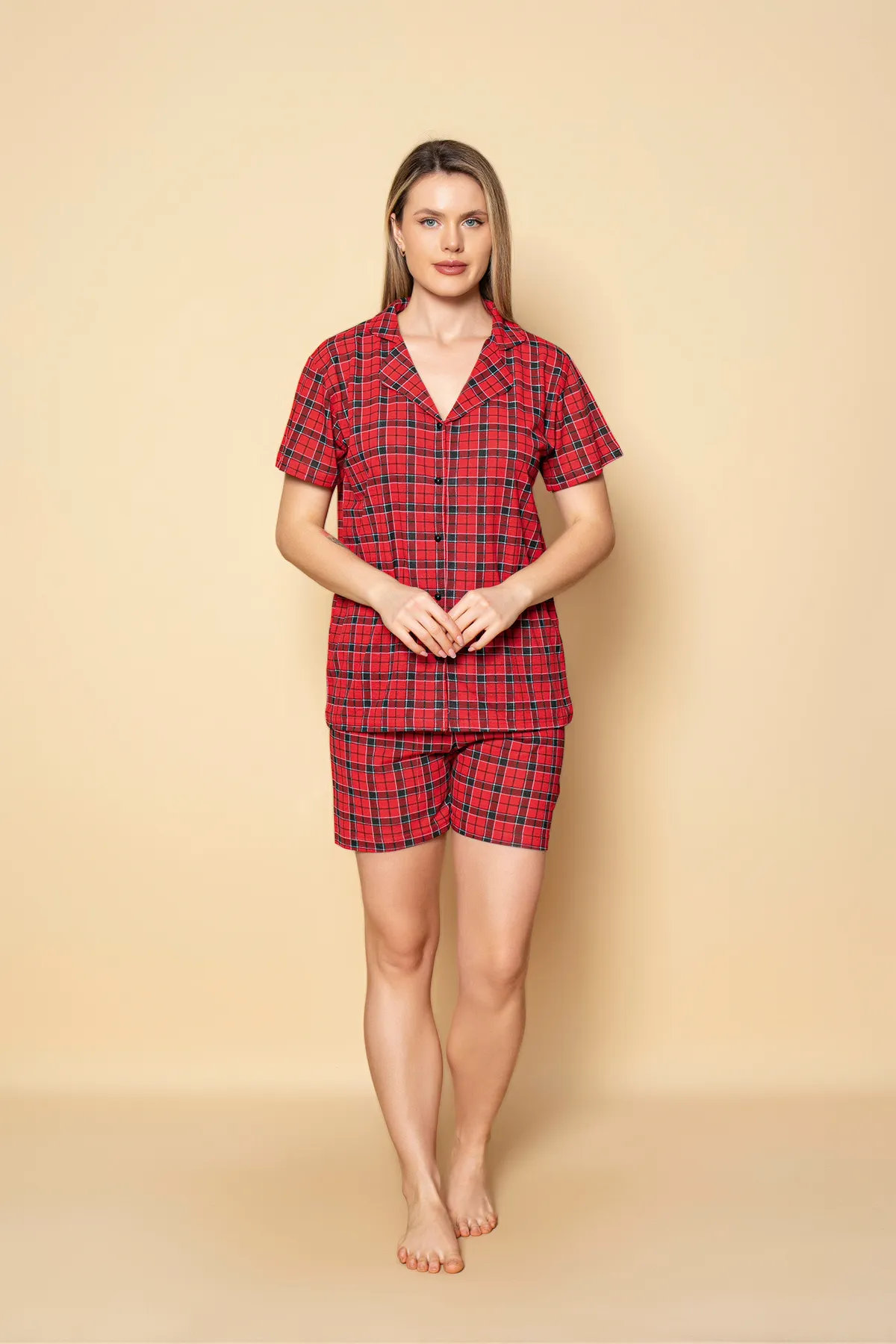 Kadın Önden Düğmeli Şortlu Yazlık Pijama Takımı