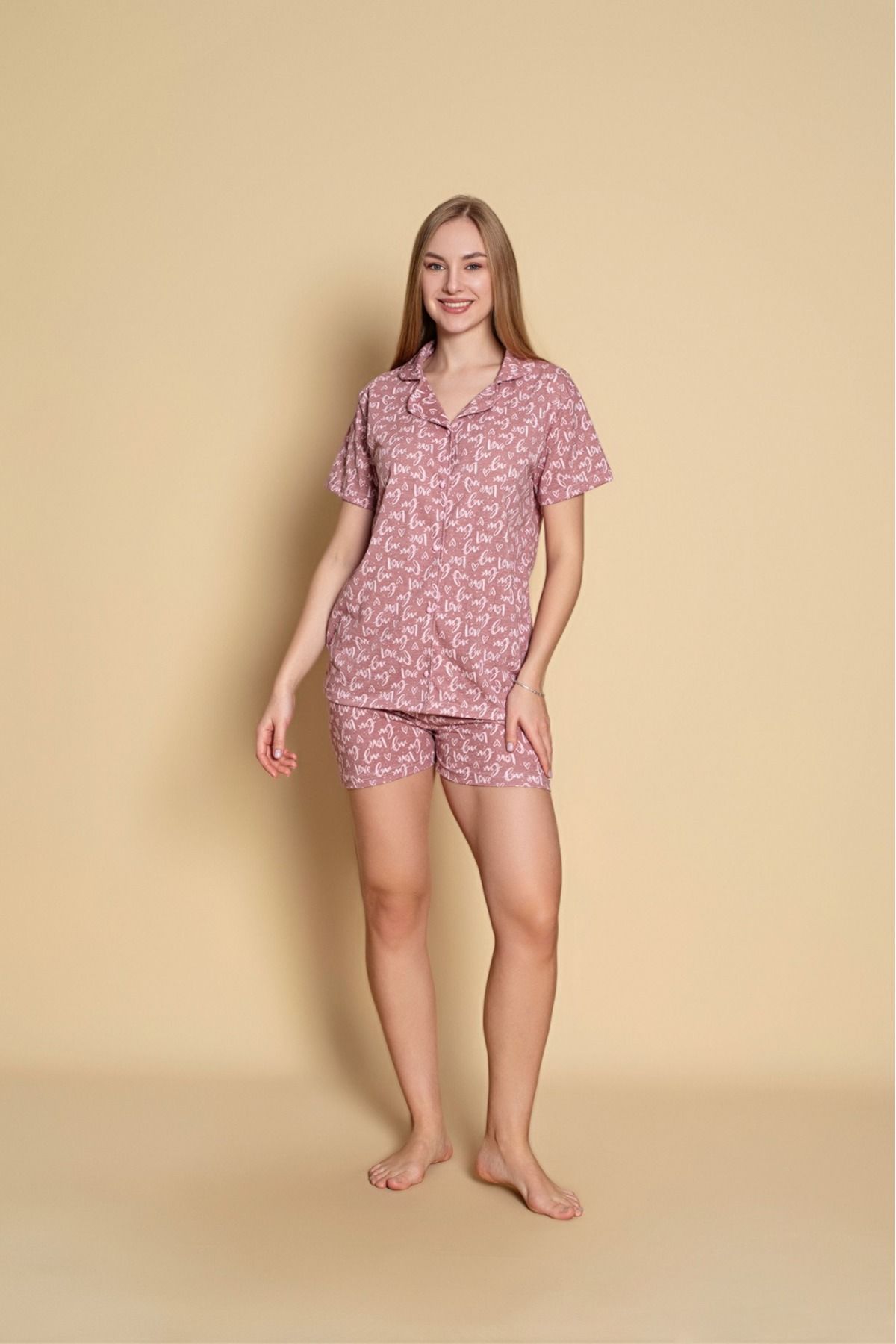 Kadın Önden Düğmeli Şortlu Yazlık Pijama Takımı