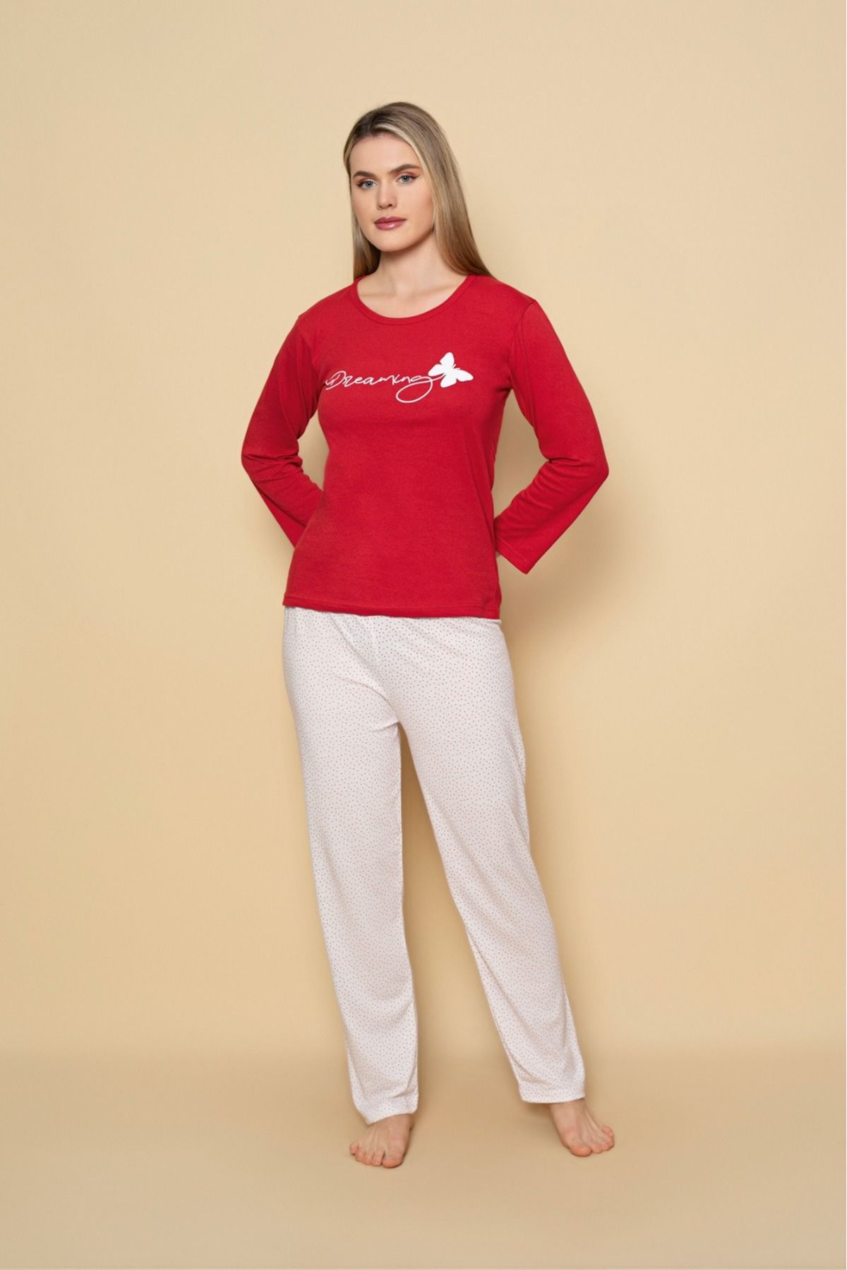 Kadın Penye Sıfır Yaka Bej Renk Uzun Kollu Pijama Takımı KIRMIZI-BEYAZ-XL