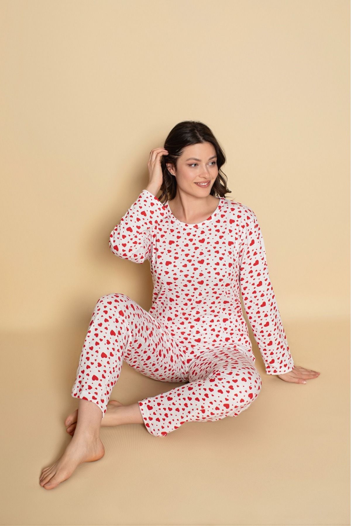 Kadın Penye Sıfır Yaka Bej Renk Uzun Kollu Pijama Takımı