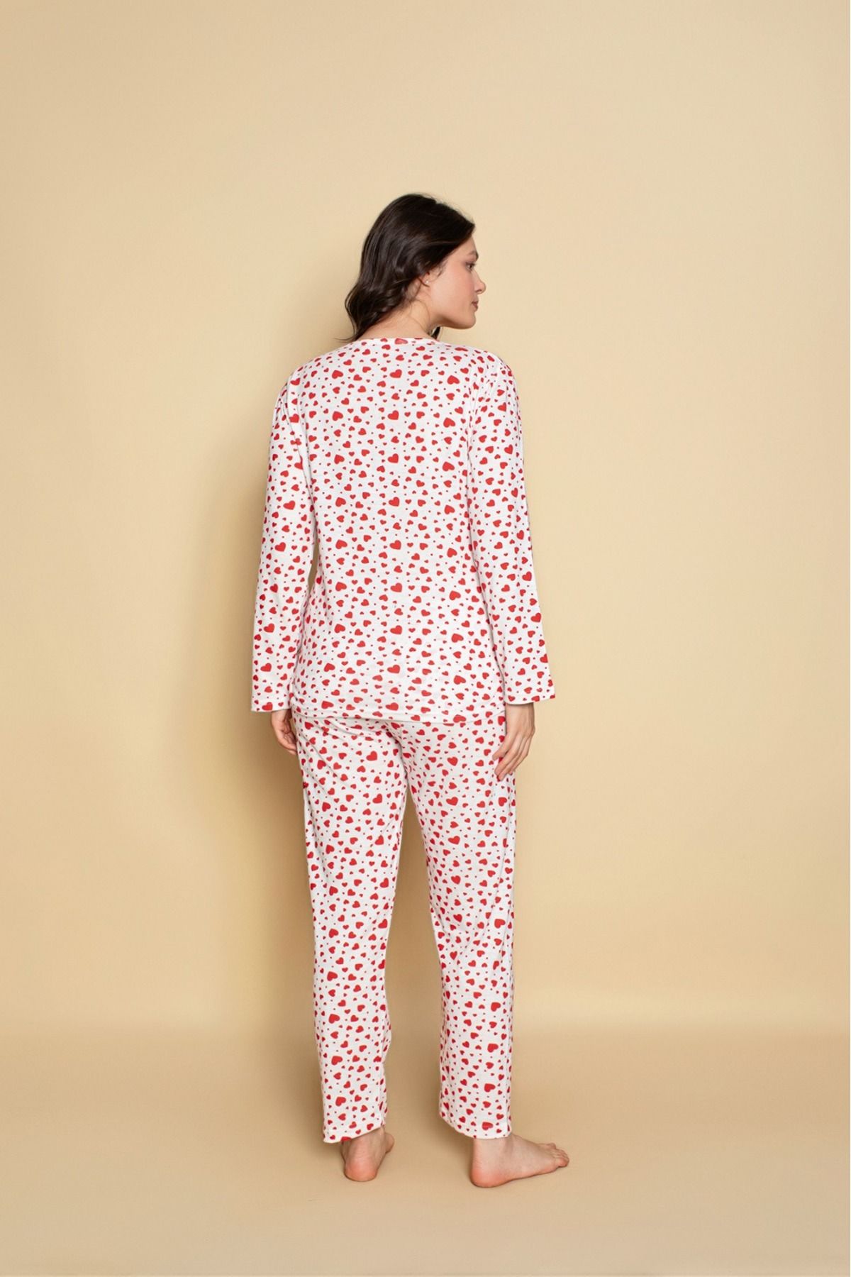 Kadın Penye Sıfır Yaka Bej Renk Uzun Kollu Pijama Takımı