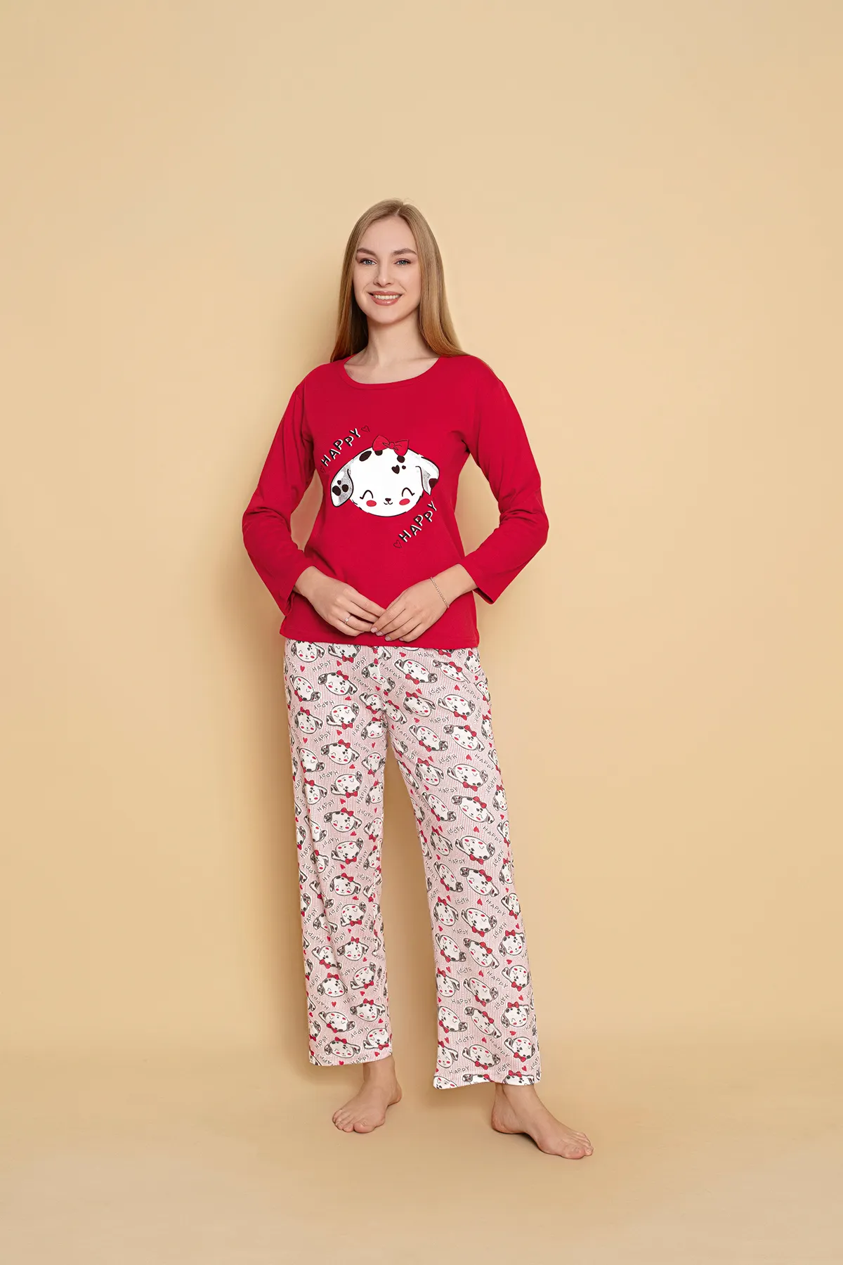 Kadın Penye Sıfır Yaka Uzun Kol Pijama Takımı