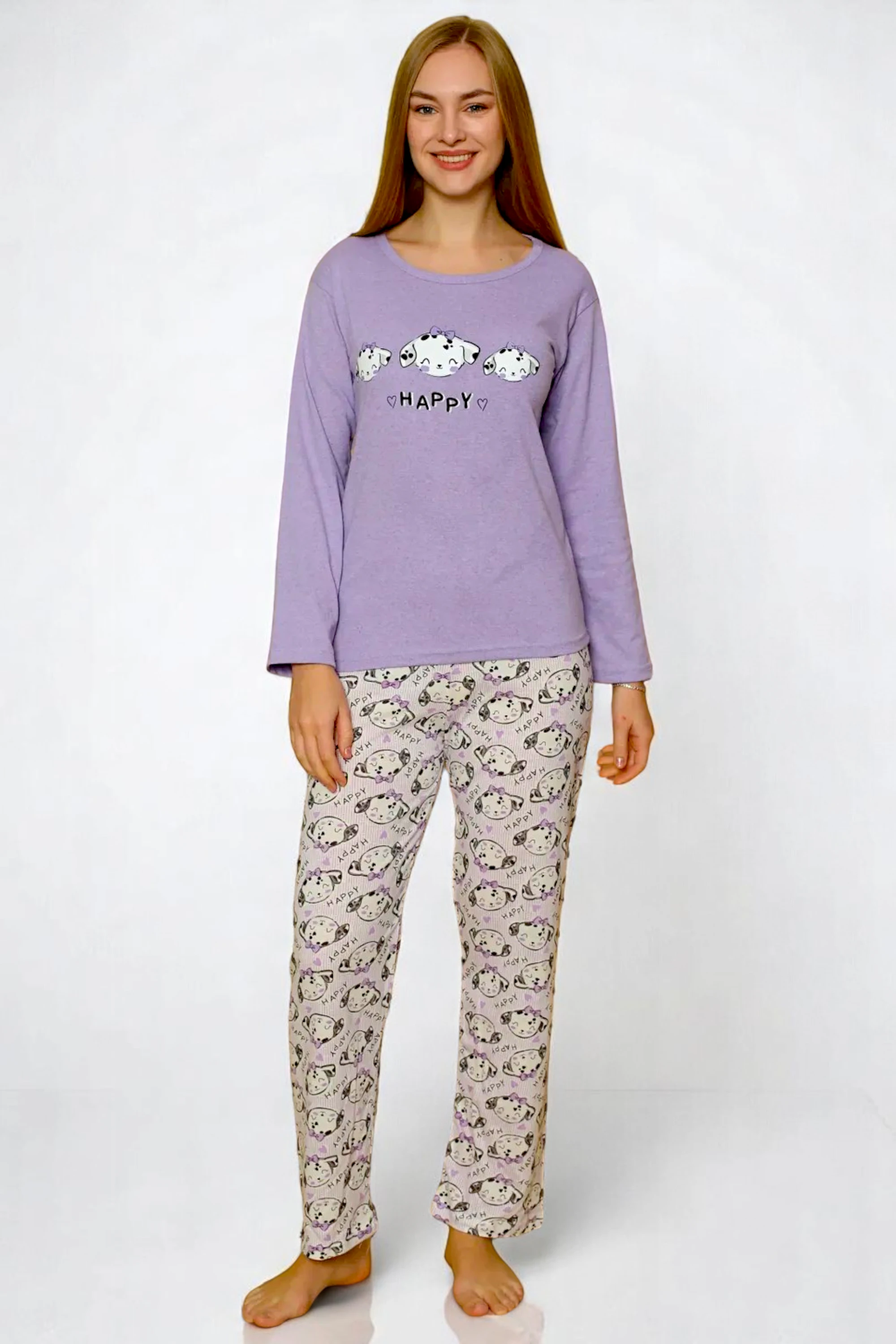 Kadın Penye Sıfır Yaka Uzun Kol Pijama Takımı Kadın Penye Sıfır Yaka Uzun Kol Pijama Takımı