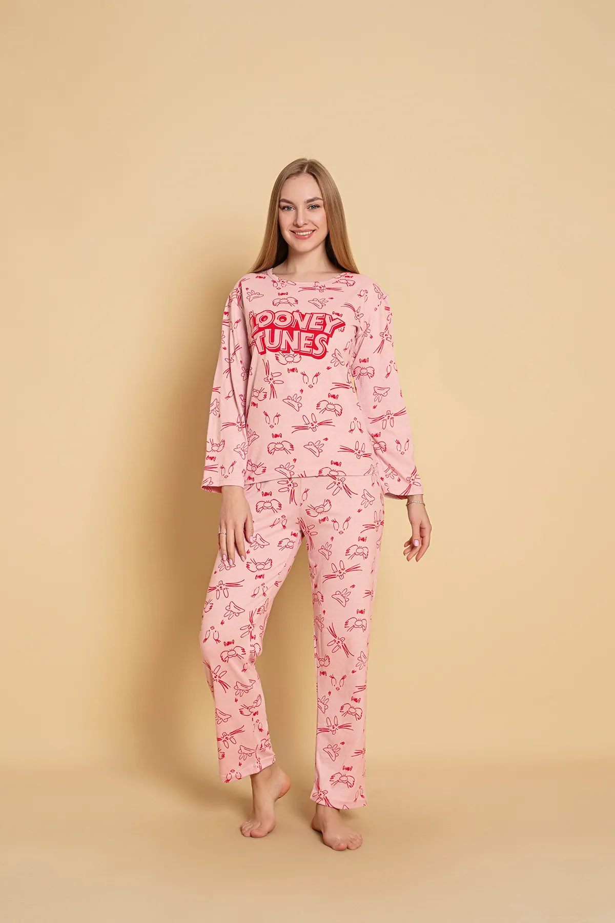 Kadın Penye Sıfır Yaka Uzun Kol Pijama Takımı PEMBE-XL