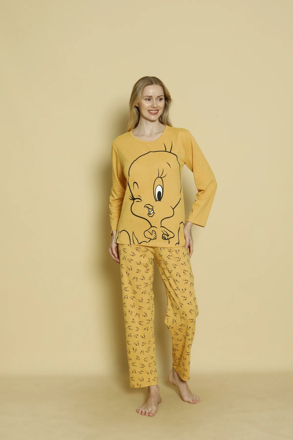 Kadın Penye Sıfır Yaka Uzun Kol Pijama Takımı