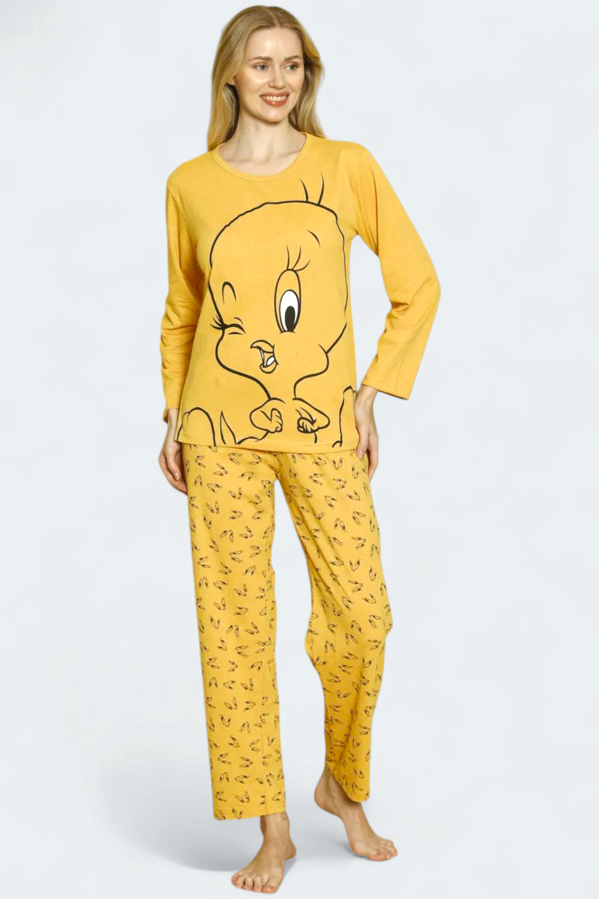 Kadın Penye Sıfır Yaka Uzun Kol Pijama Takımı SARI-M