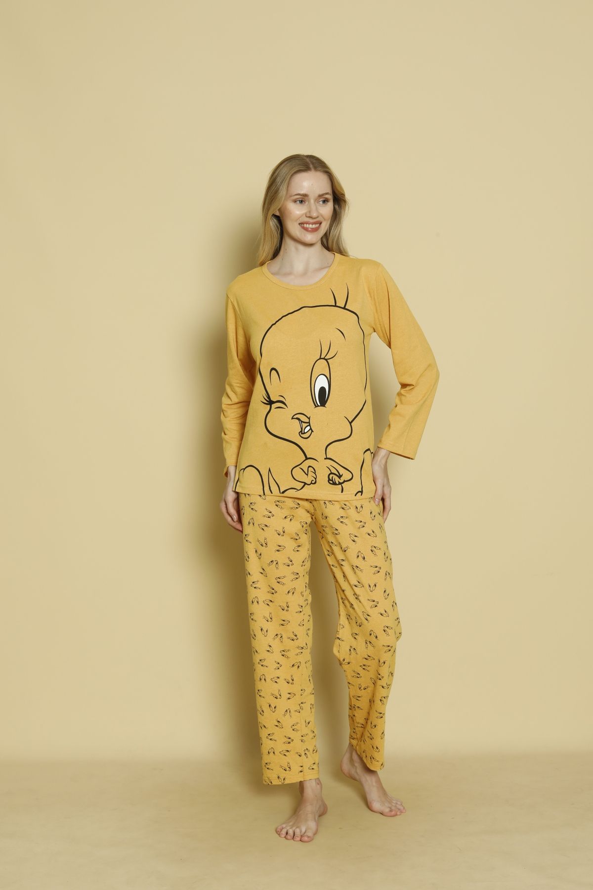 Kadın Penye Sıfır Yaka Uzun Kol Pijama Takımı