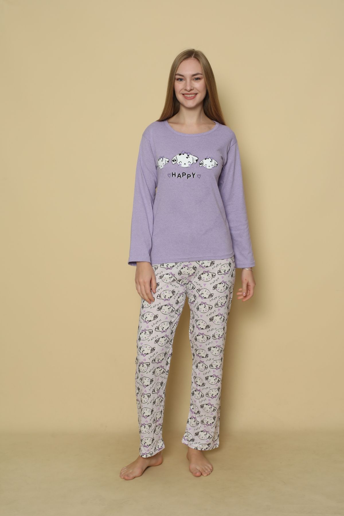 Kadın Penye Sıfır Yaka Uzun Kol Pijama Takımı