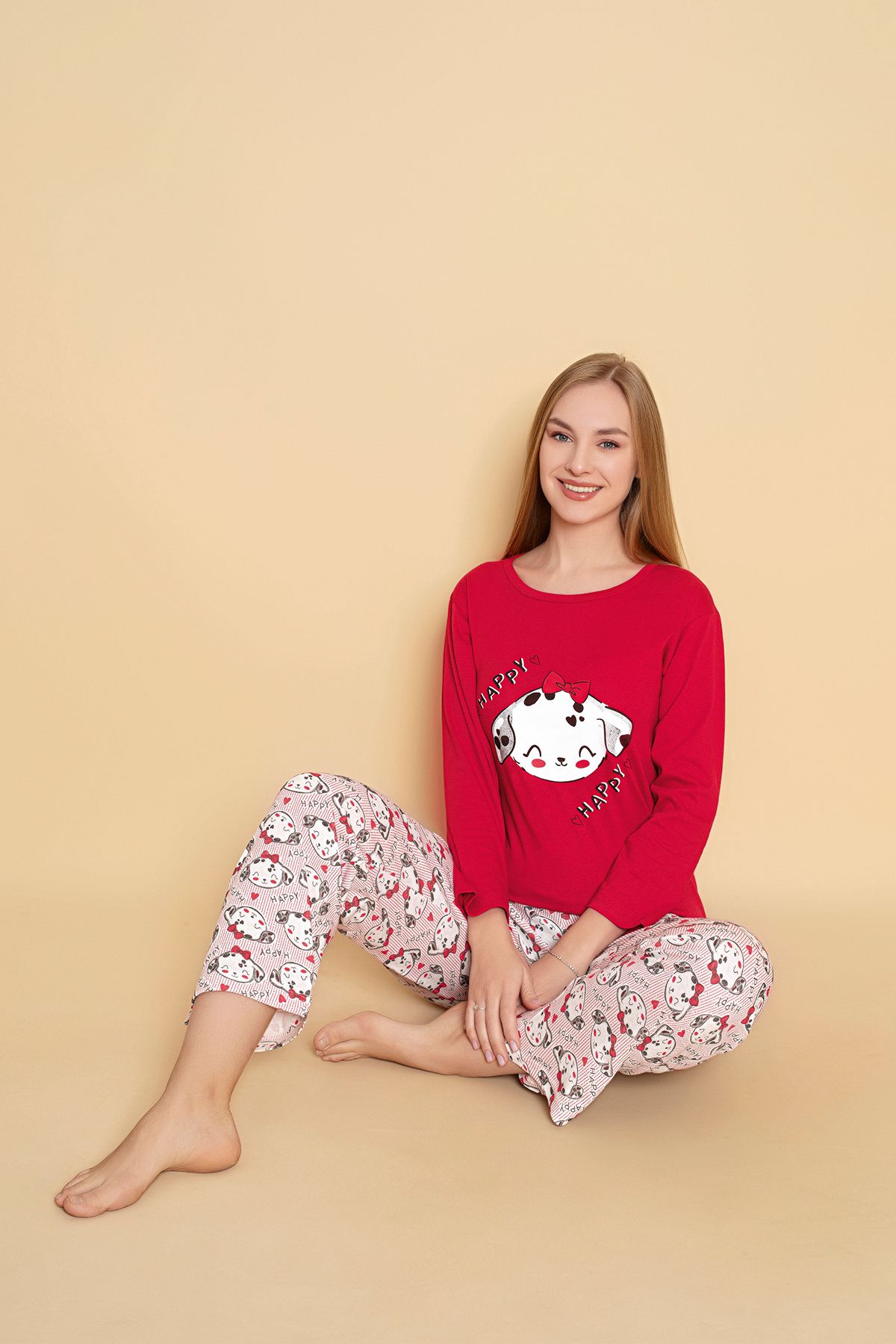 Kadın Penye Sıfır Yaka Uzun Kol Pijama Takımı