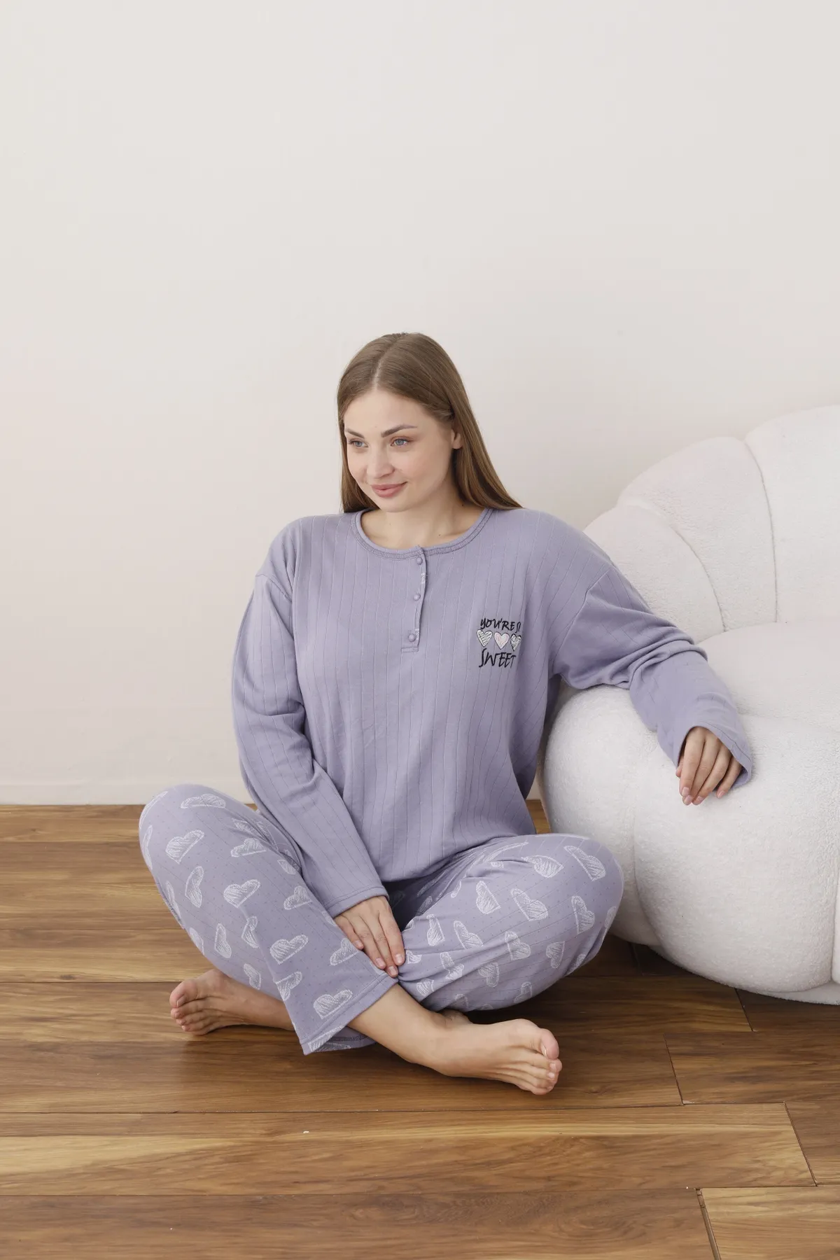 Kadın Raporlu İnterlok Kumaş Büyük Beden Düğmeli Pijama Takımı LİLA-4XL