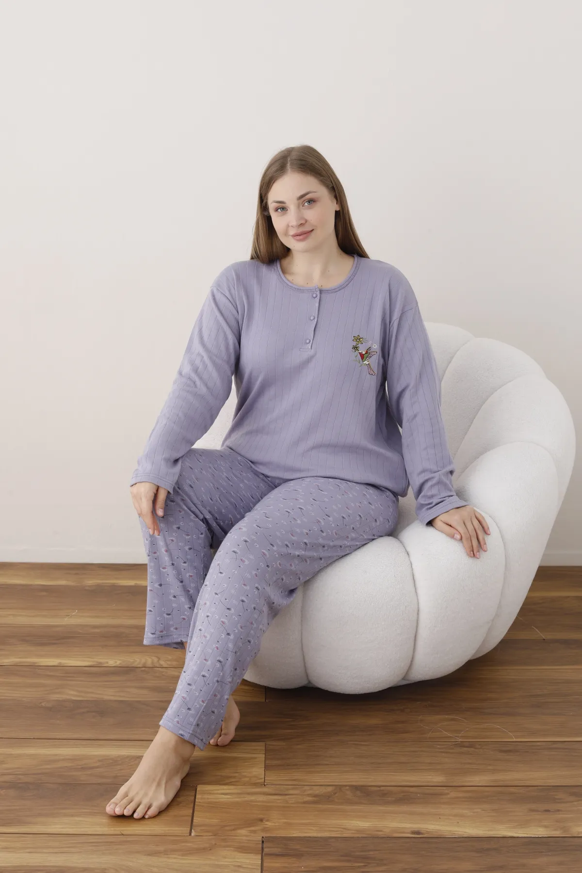 Kadın Raporlu İnterlok Kumaş Büyük Beden Düğmeli Pijama Takımı LİLA-4XL