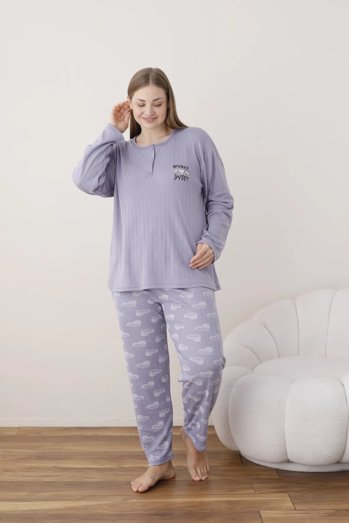 Kadın Raporlu İnterlok Kumaş Büyük Beden Düğmeli Pijama Takımı LİLA-4XL