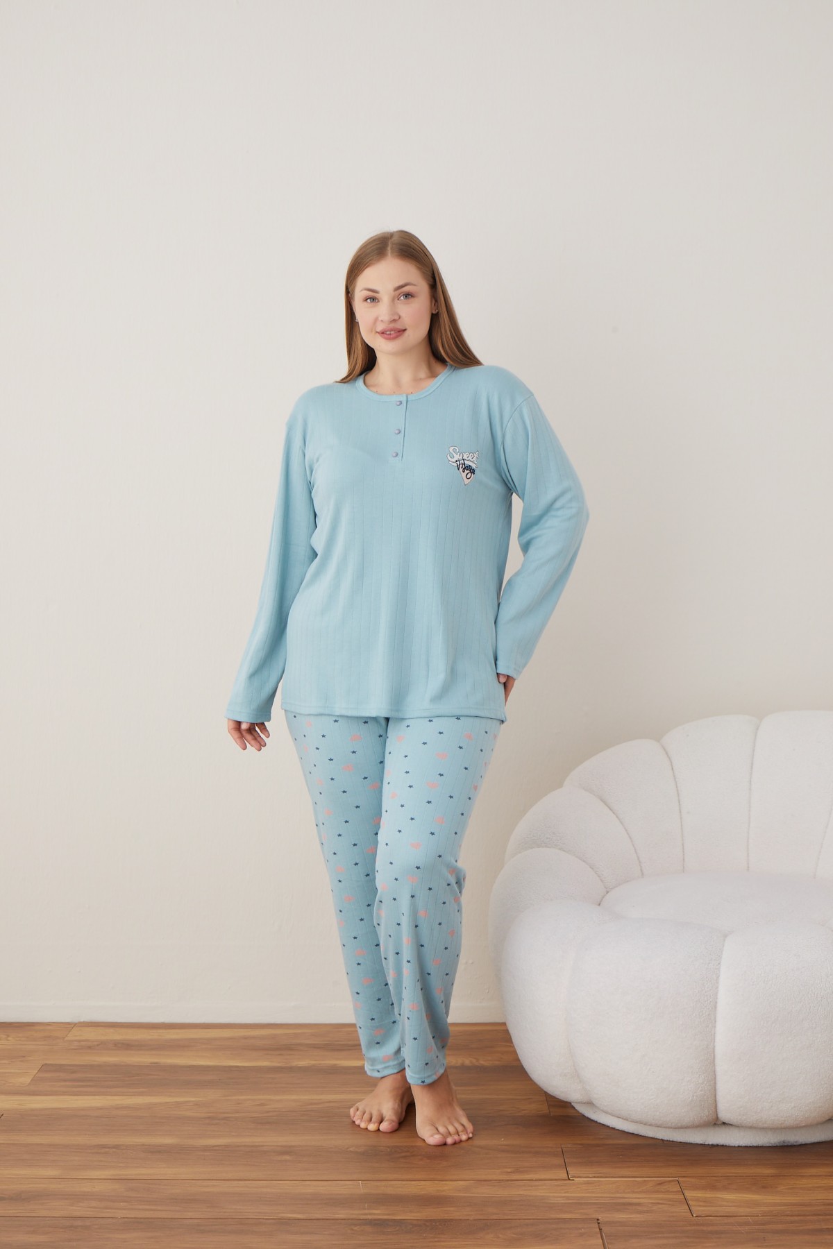 Kadın Raporlu İnterlok Kumaş Büyük Beden Düğmeli Pijama Takımı MAVİ-2XL