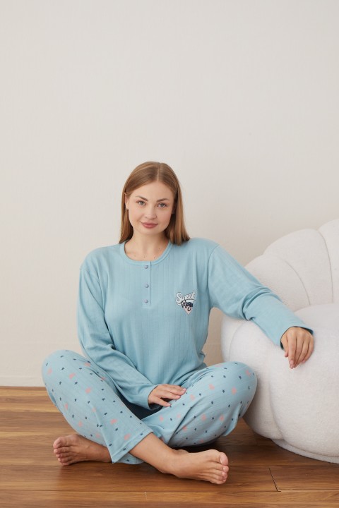 Kadın Raporlu İnterlok Kumaş Büyük Beden Düğmeli Pijama Takımı MAVİ-2XL