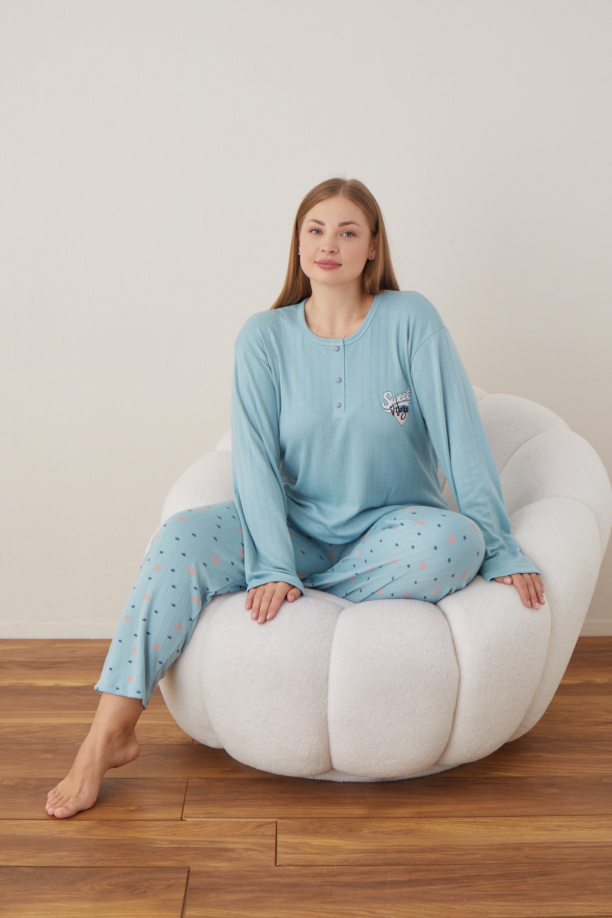 Kadın Raporlu İnterlok Kumaş Büyük Beden Düğmeli Pijama Takımı MAVİ-2XL