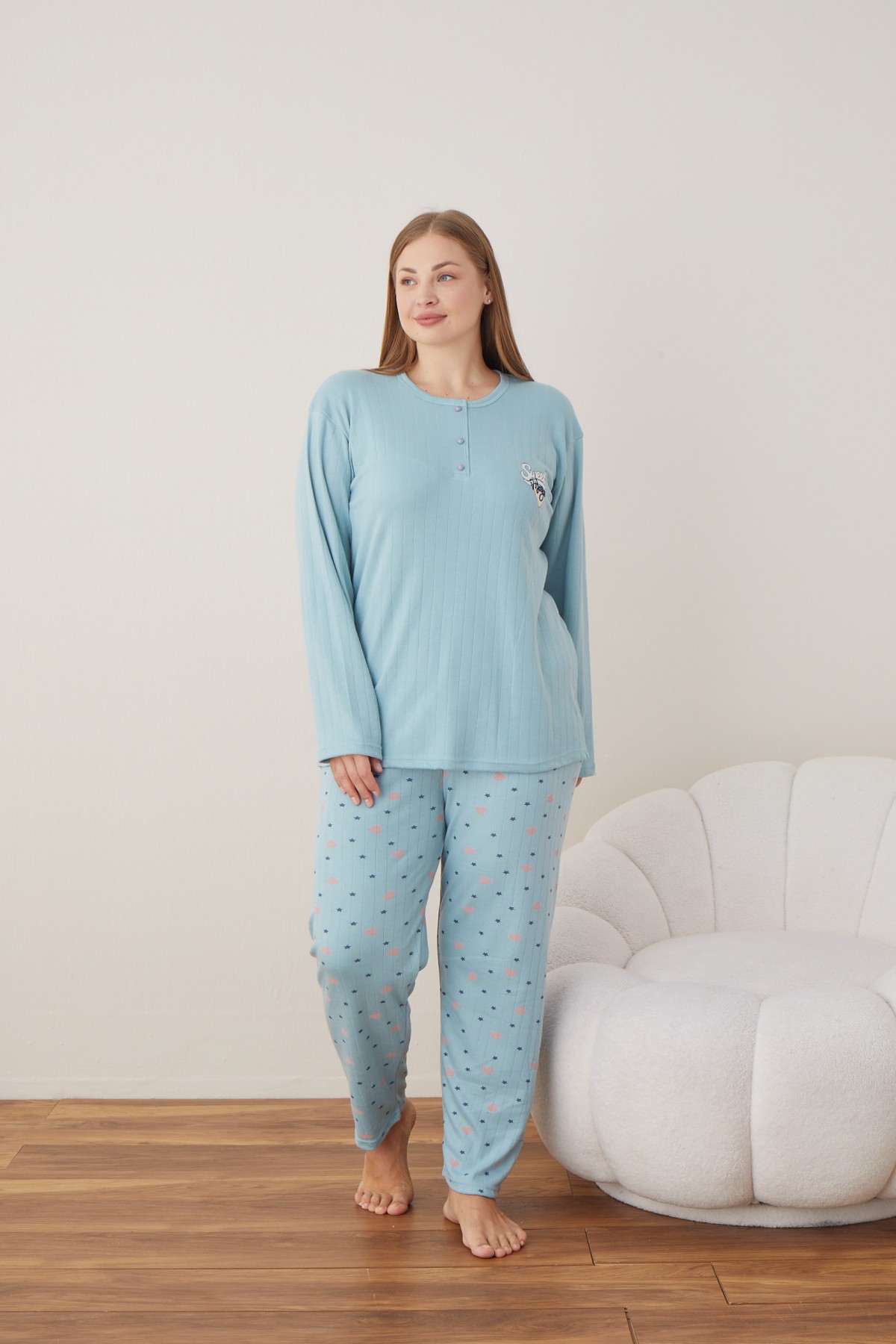 Kadın Raporlu İnterlok Kumaş Büyük Beden Düğmeli Pijama Takımı MAVİ-2XL