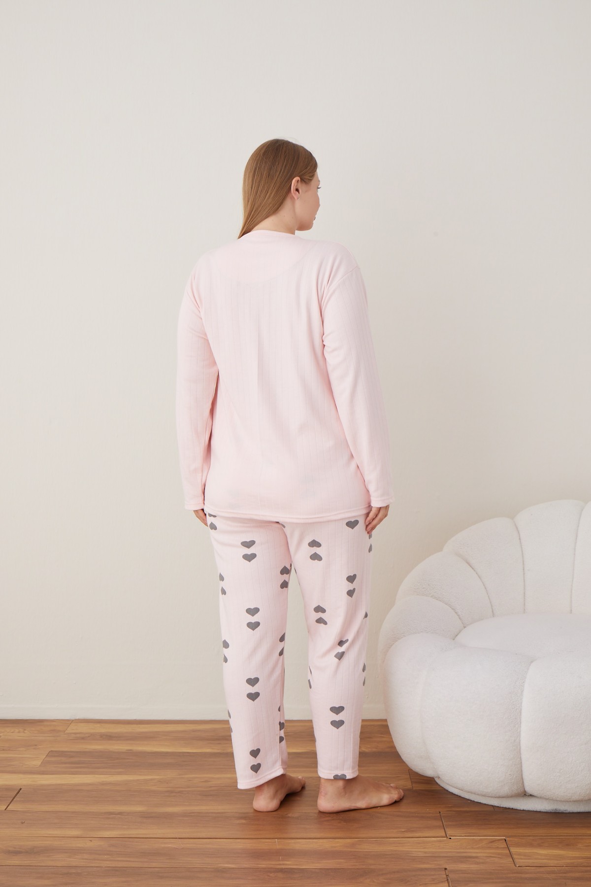 Kadın Raporlu İnterlok Kumaş Büyük Beden Düğmeli Pijama Takımı PEMBE-3XL