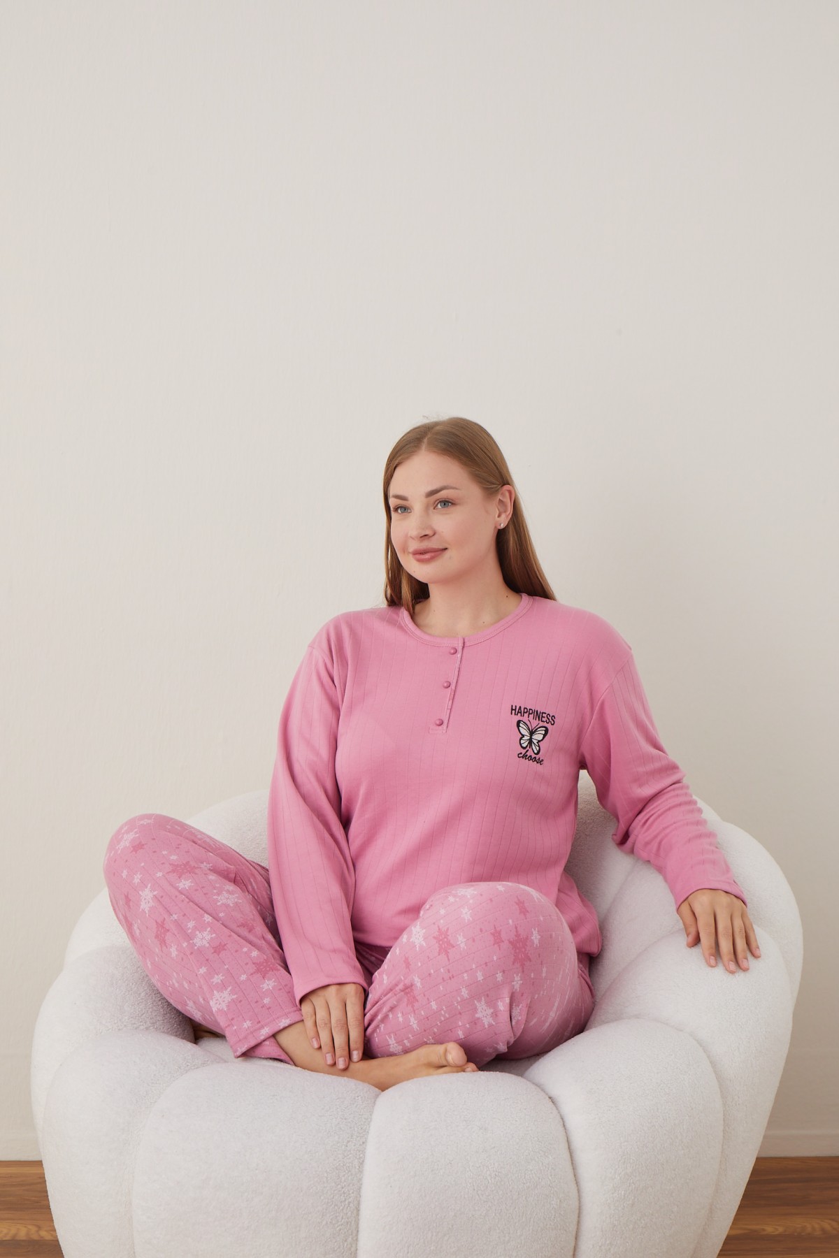 Kadın Raporlu İnterlok Kumaş Büyük Beden Düğmeli Pijama Takımı PEMBE-4XL
