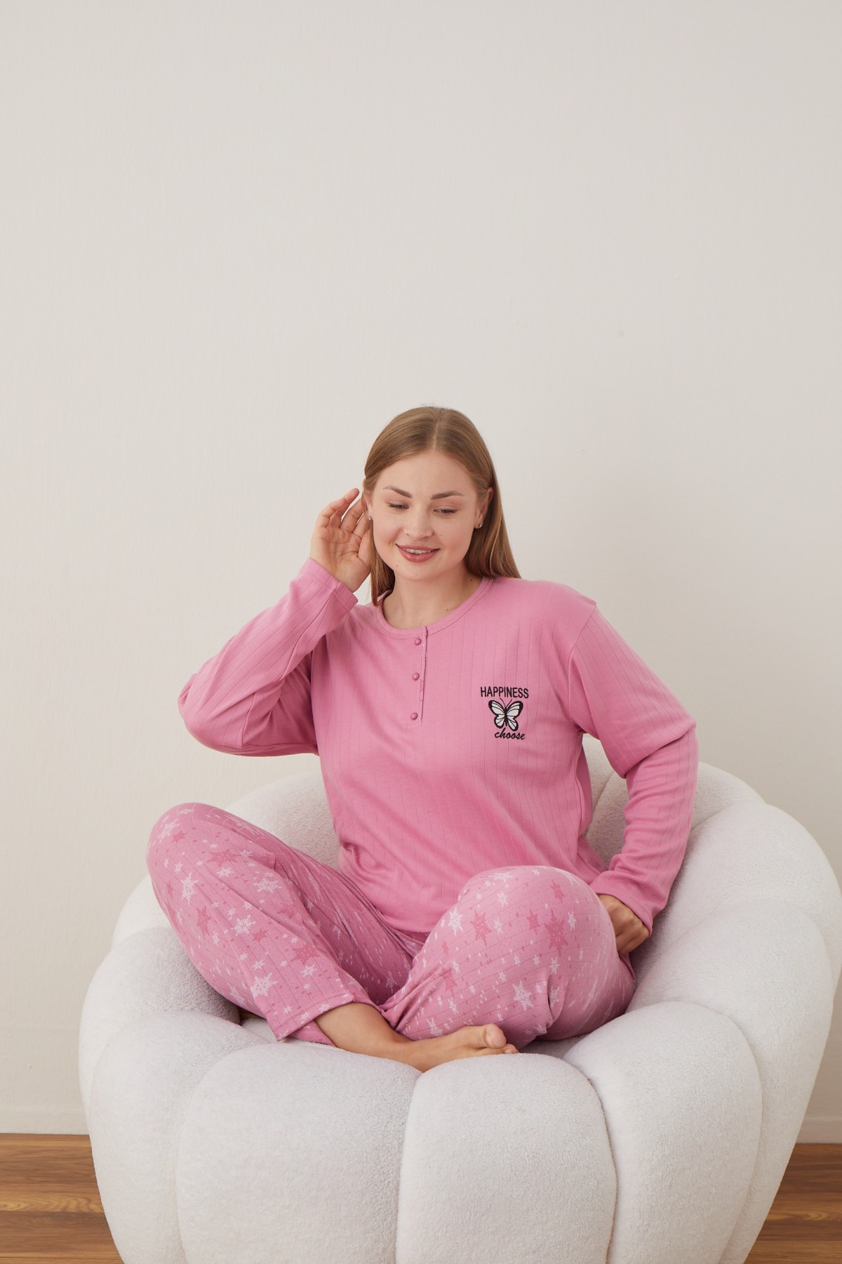 Kadın Raporlu İnterlok Kumaş Büyük Beden Düğmeli Pijama Takımı PEMBE-4XL