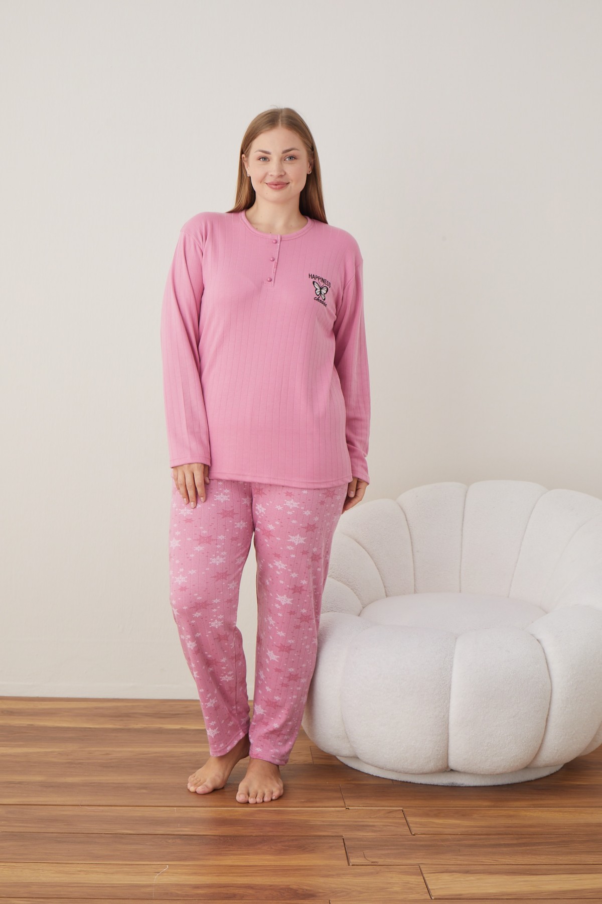 Kadın Raporlu İnterlok Kumaş Büyük Beden Düğmeli Pijama Takımı PEMBE-4XL