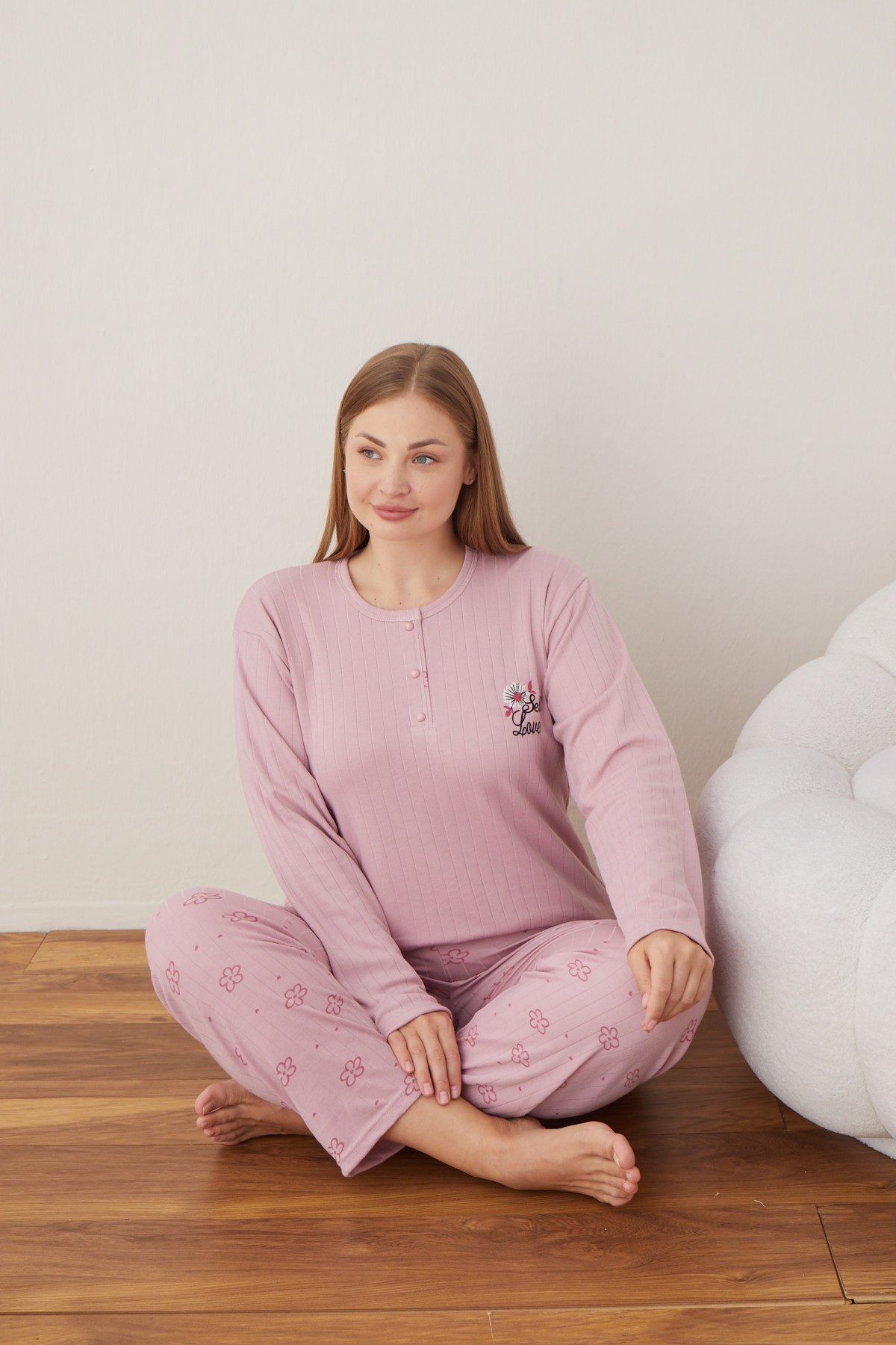 Kadın Raporlu İnterlok Kumaş Büyük Beden Düğmeli Pijama Takımı SOMON-3XL