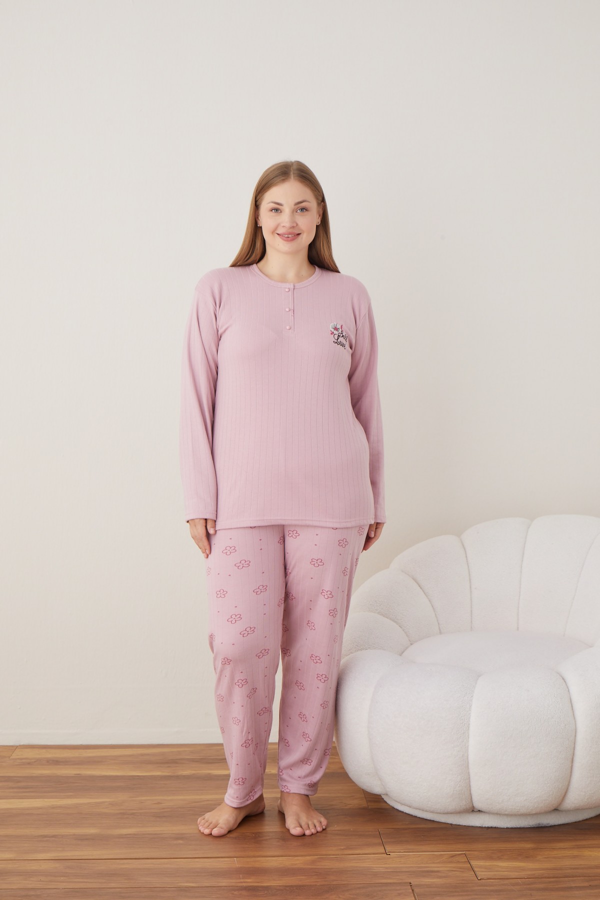 Kadın Raporlu İnterlok Kumaş Büyük Beden Düğmeli Pijama Takımı SOMON-3XL