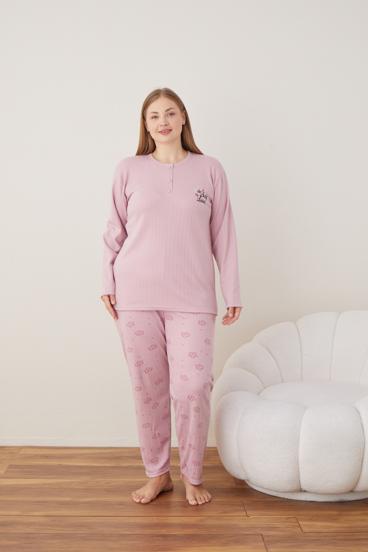 Kadın Raporlu İnterlok Kumaş Büyük Beden Düğmeli Pijama Takımı SOMON-3XL