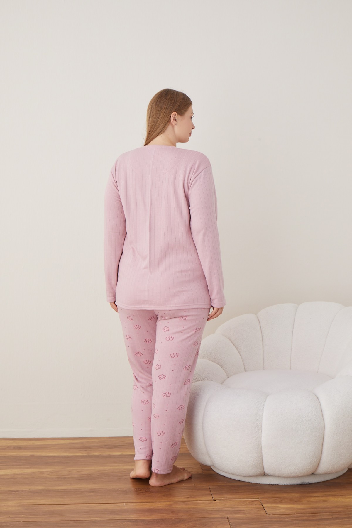 Kadın Raporlu İnterlok Kumaş Büyük Beden Düğmeli Pijama Takımı SOMON-3XL