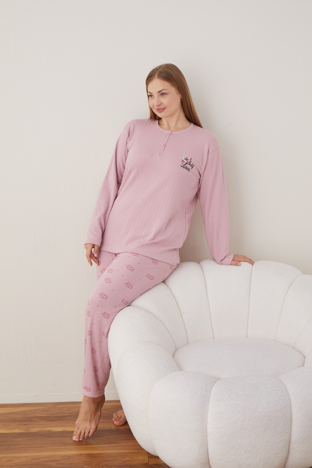 Kadın Raporlu İnterlok Kumaş Büyük Beden Düğmeli Pijama Takımı SOMON-3XL