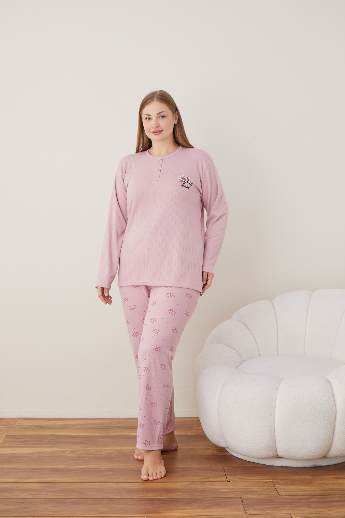 Kadın Raporlu İnterlok Kumaş Büyük Beden Düğmeli Pijama Takımı SOMON-3XL