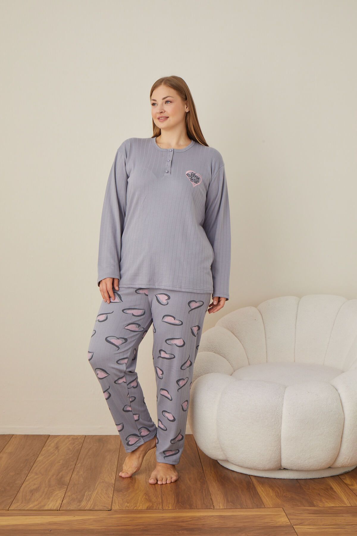 Kadın Raporlu İnterlok Kumaş Büyük Beden Düğmeli Pijama Takımı