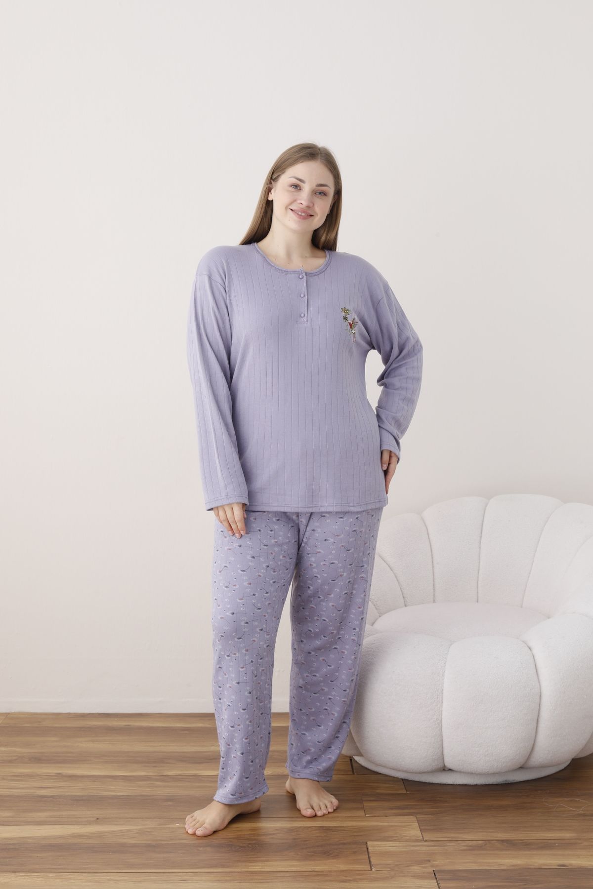Kadın Raporlu İnterlok Kumaş Büyük Beden Düğmeli Pijama Takımı