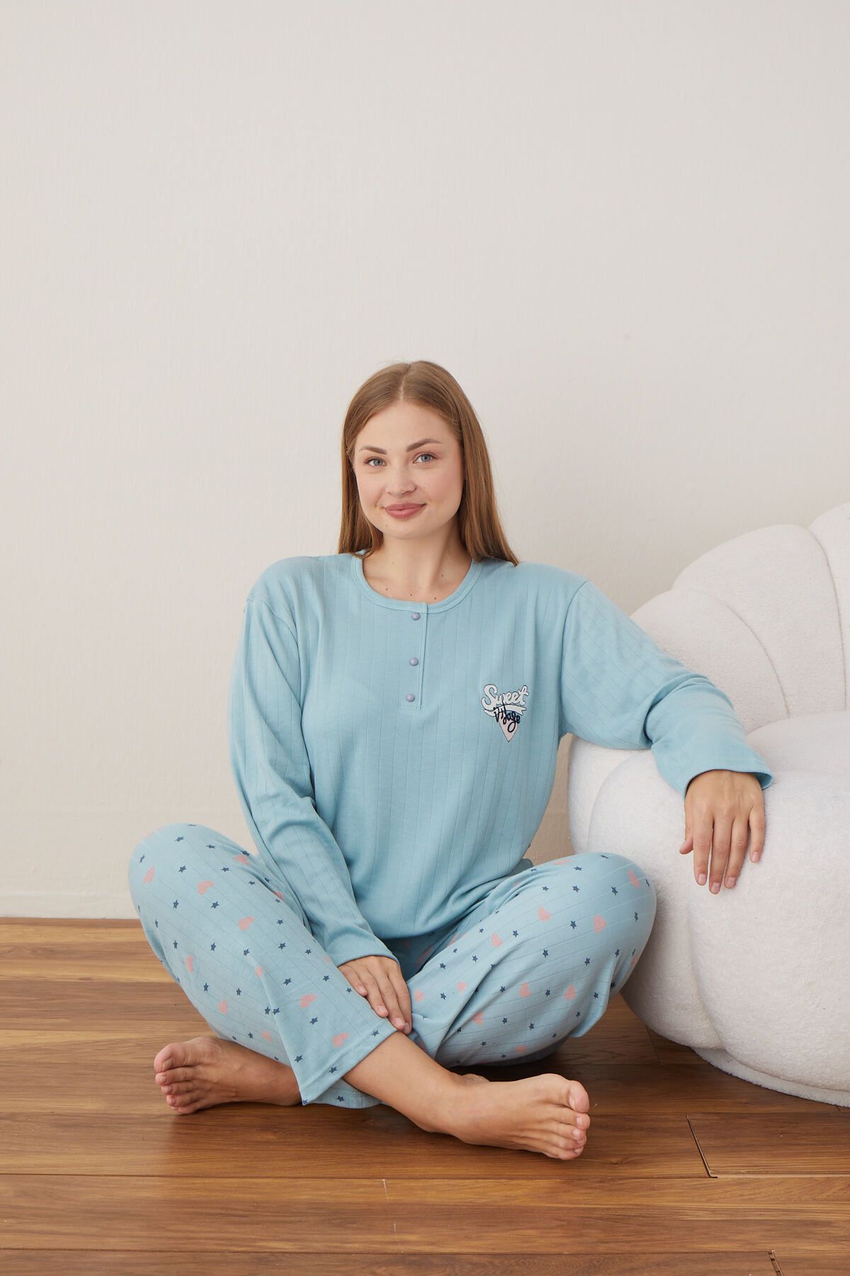 Kadın Raporlu İnterlok Kumaş Büyük Beden Düğmeli Pijama Takımı