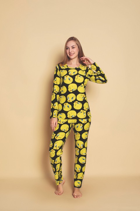 Kadın Sıfır Yaka Baskılı Süet Yumuşak Kumaş Uzun Kollu Pijama Takımı SİYAH-L