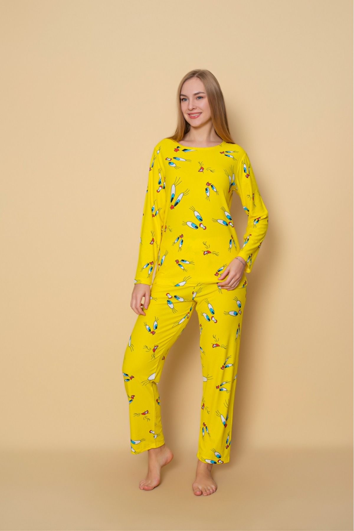 Kadın Sıfır Yaka Baskılı Süet Yumuşak Kumaş Uzun Kollu  Pijama Takımı