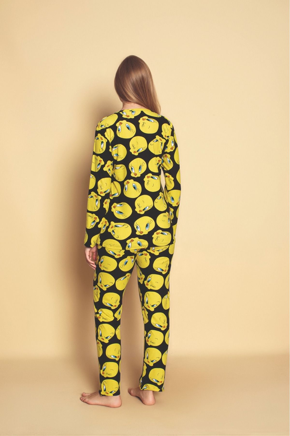 Kadın Sıfır Yaka Baskılı Süet Yumuşak Kumaş Uzun Kollu  Pijama Takımı