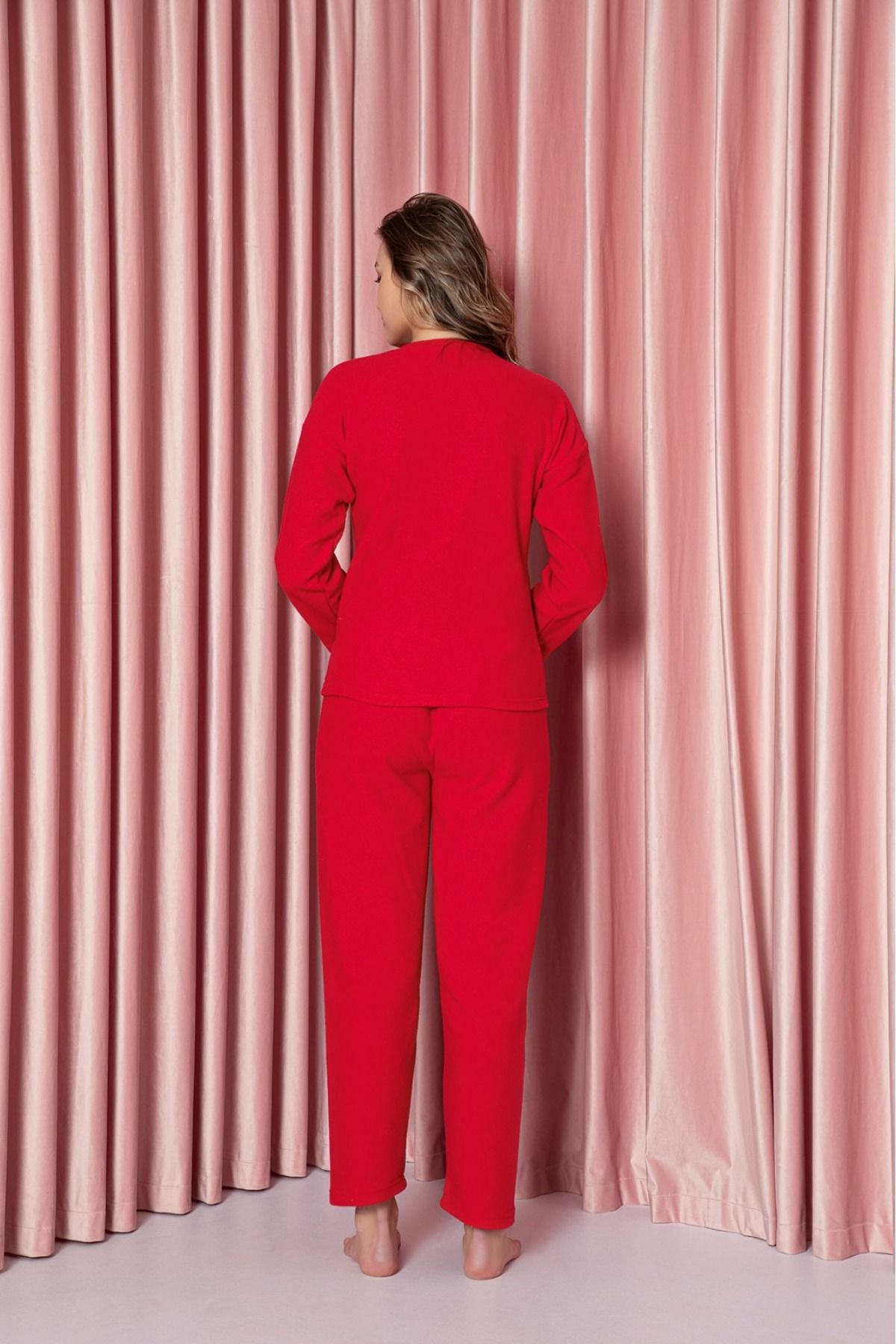 Kadın Sıfır Yaka Pandalı Polar Pijama Takımı