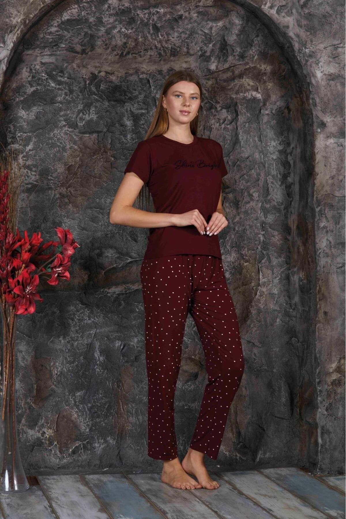 Kadın Sıfır Yaka Yazlık Kısa Kol  Pijama Takımı YENİ SEZON