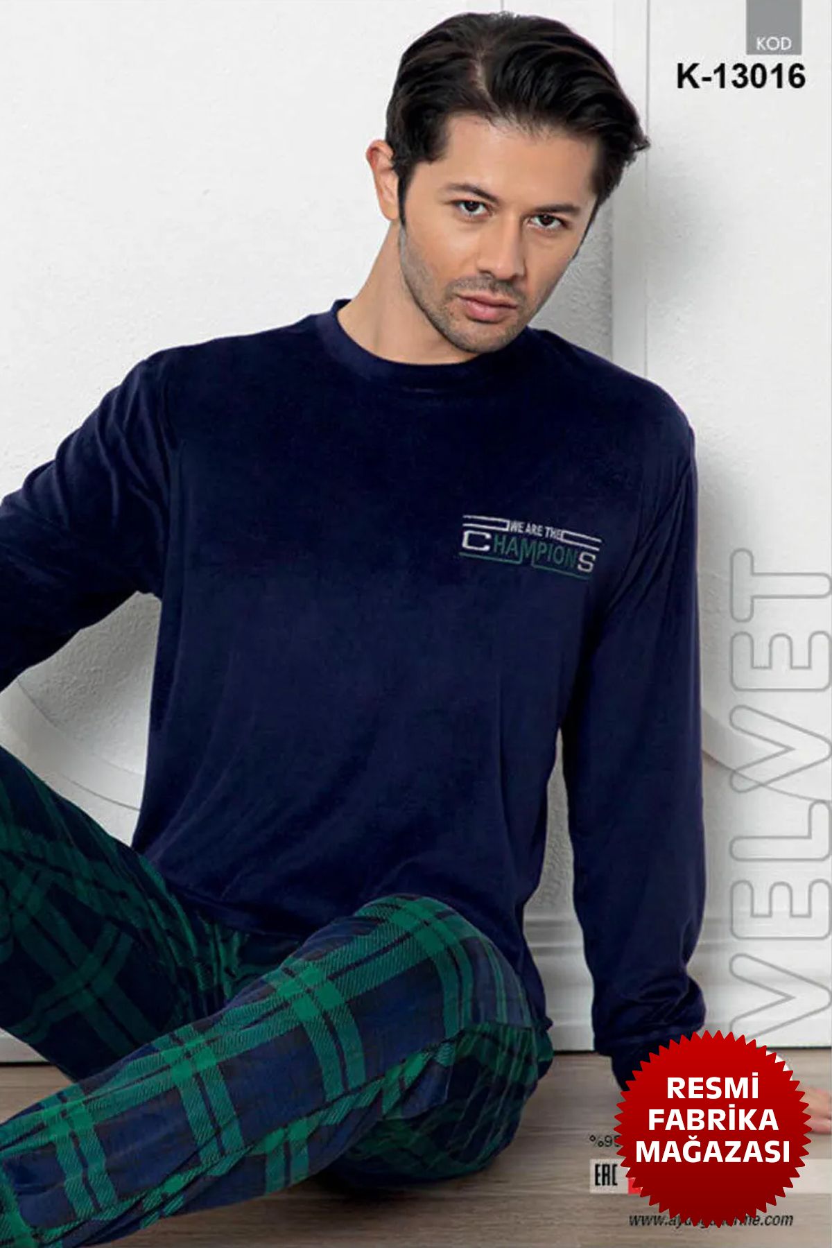 Lacivert Erkek Kadife Kışlık Pijama Takımı Bisiklet Yaka Uzun Kollu, Yeşil Kareli Alt Pijama