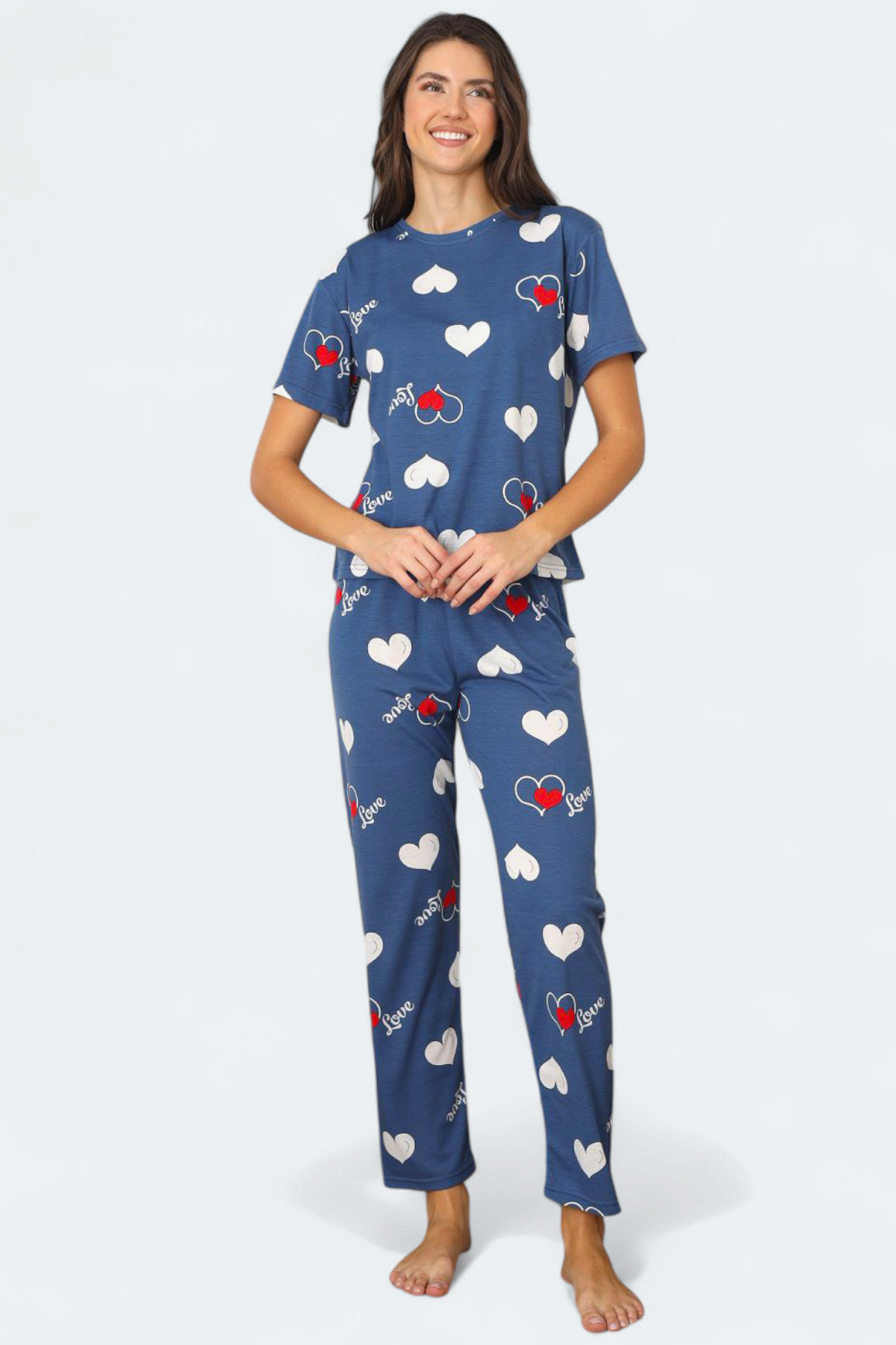 Mavi Kalp ve Love Desenli Kısa Kollu Penye Süprem Kadın Pijama Takımı