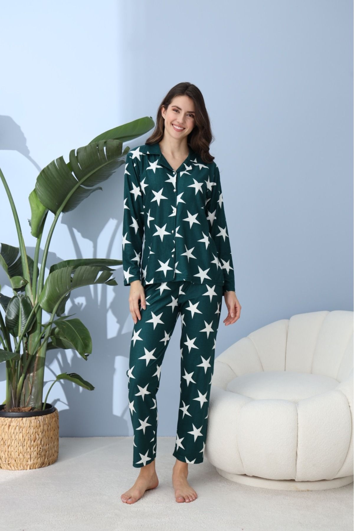 Önden Düğmeli Gömlek Model Kadın Pijama Takımı Süet Kumaş