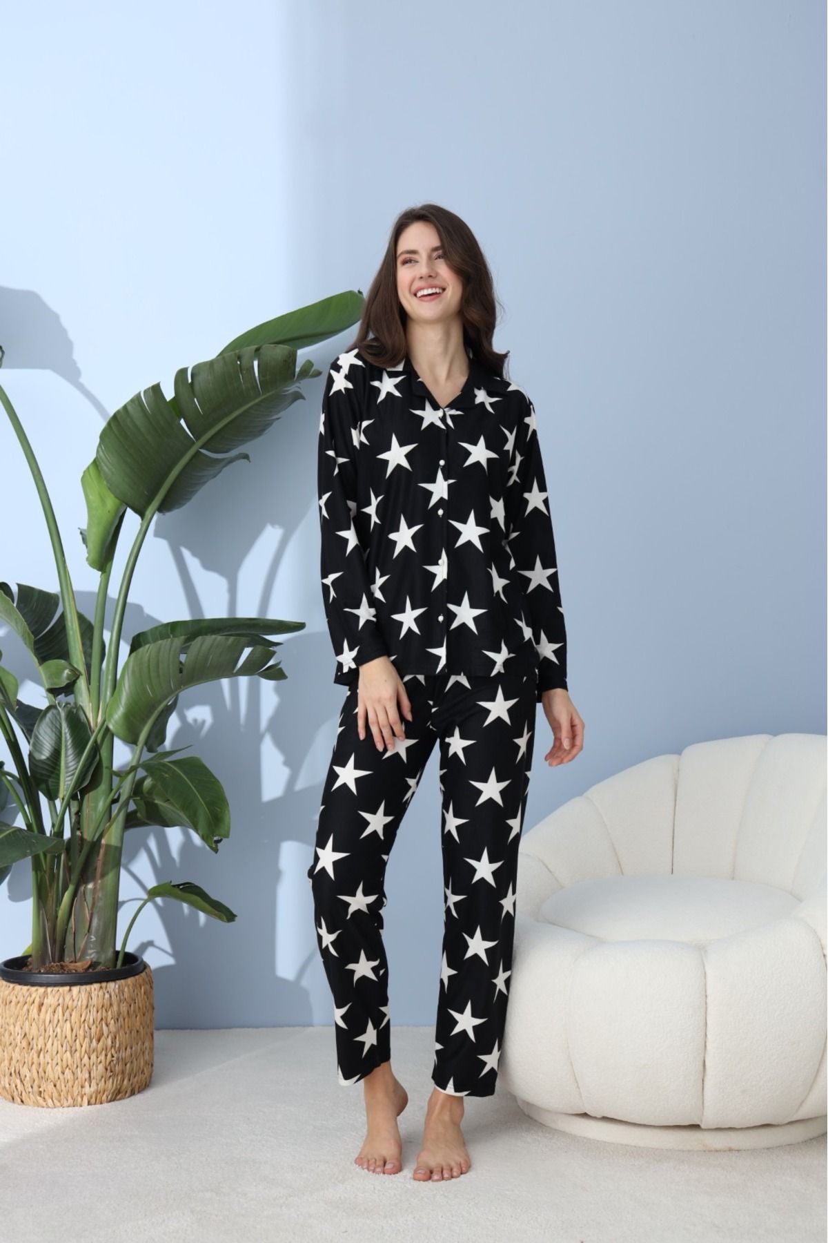Önden Düğmeli Gömlek Model Kadın Pijama Takımı Süet Kumaş