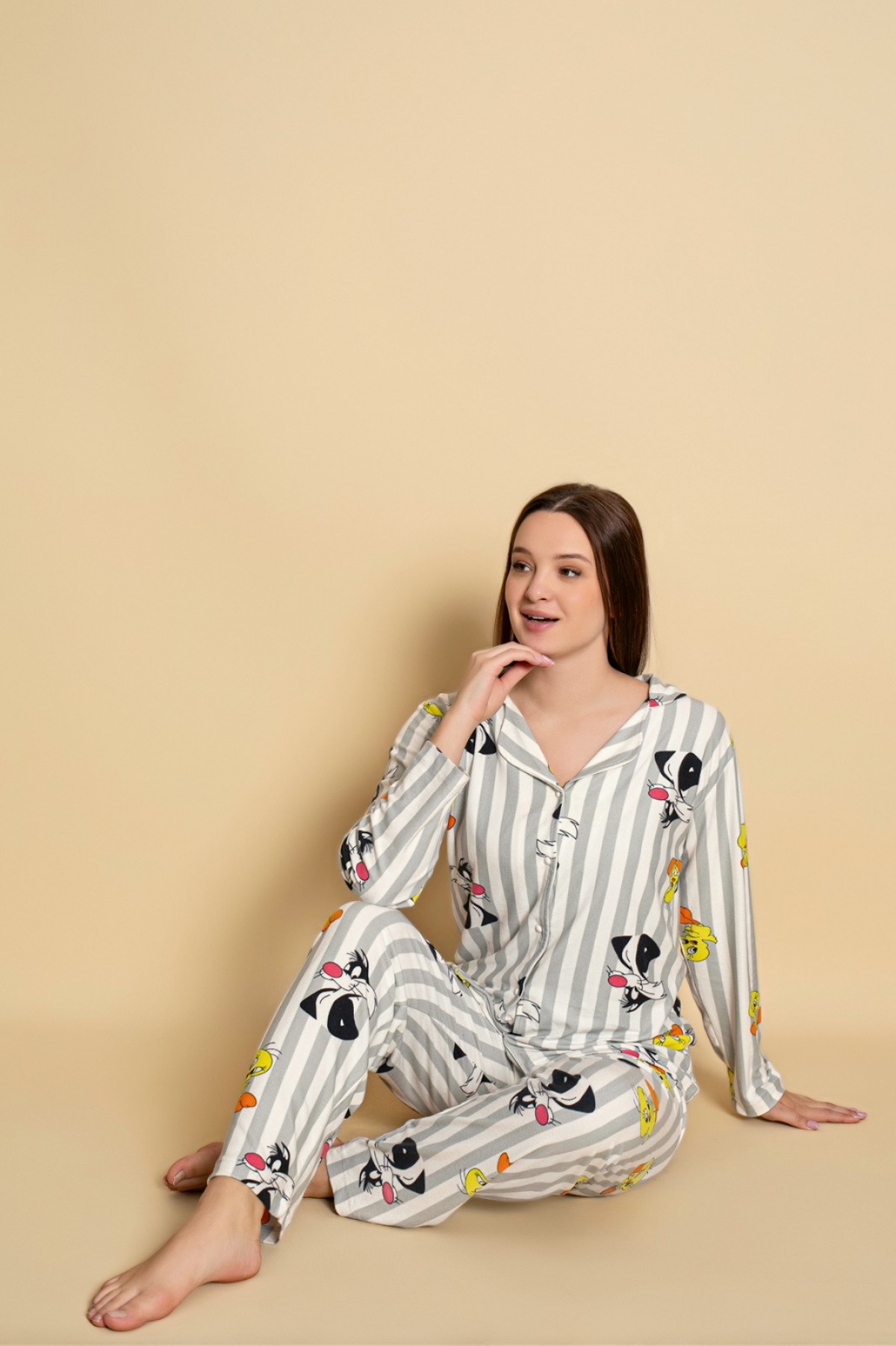 Önden Düğmeli Kadın Pijama Takımı Süet Kumaş GRİ-2XL